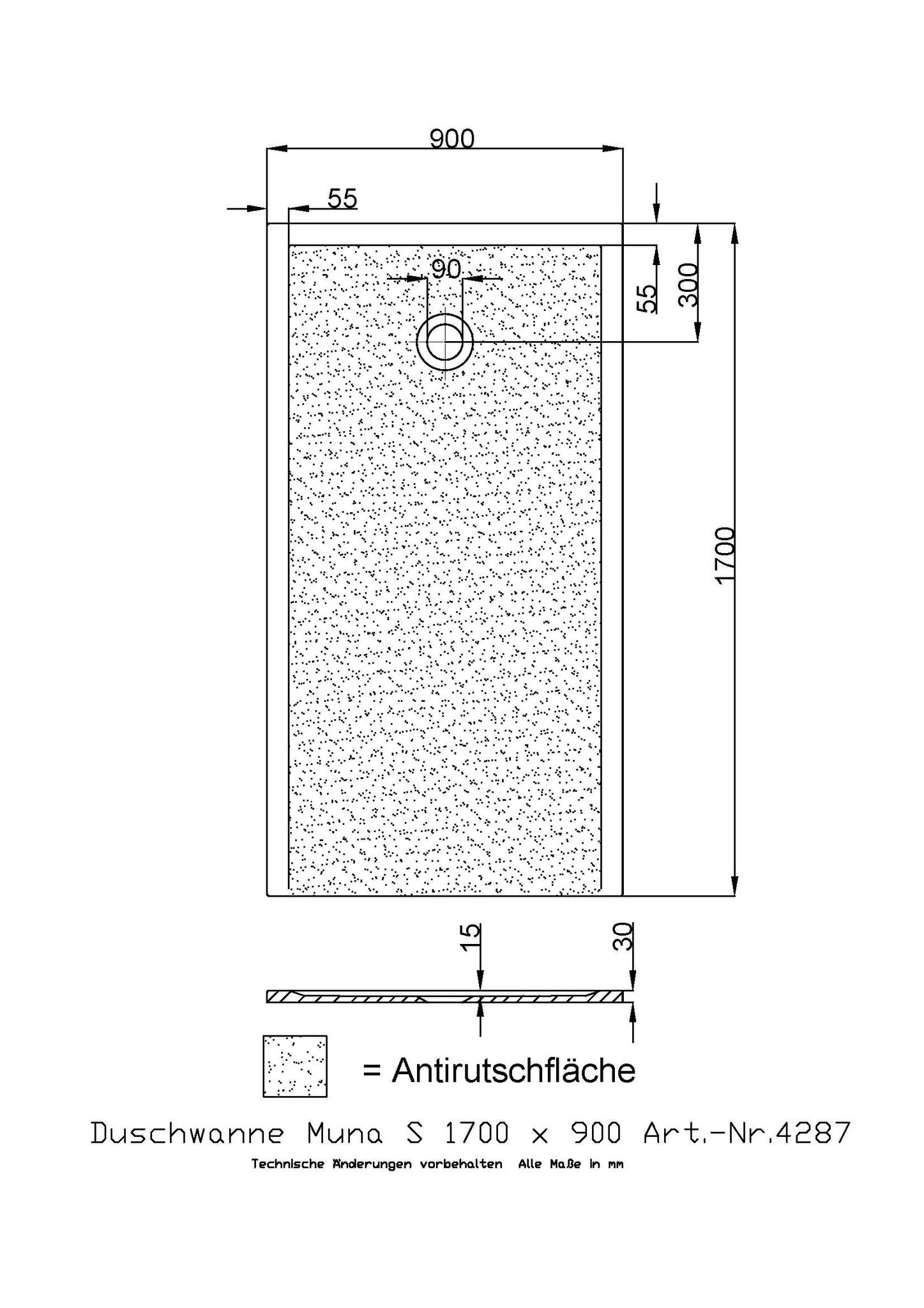 Duschwanne Muna S 1700x900x30 mit Antirutsch, Material Solique, Steingrau Duschwanne Muna S 1700x900x30 mit Antirutsch, Material Solique, Steingrau