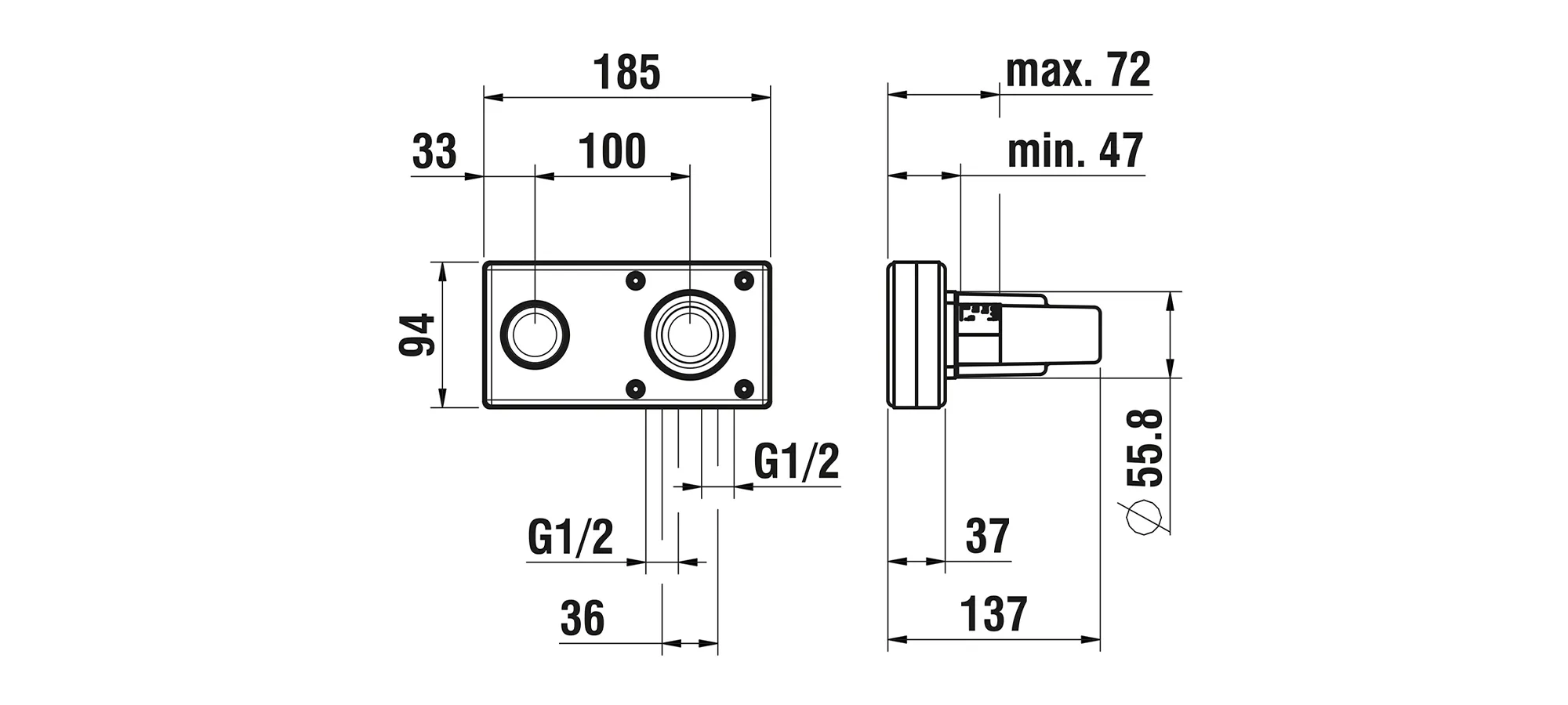 Unterputz Einbaukörper SIMIBOX 2-Point passend zu TWINPLUS Anschluss 1/2“ GN Patrone Quattro-G Messingkörper mit Styroporbox und Bauschutzkappe Bedienung rechts