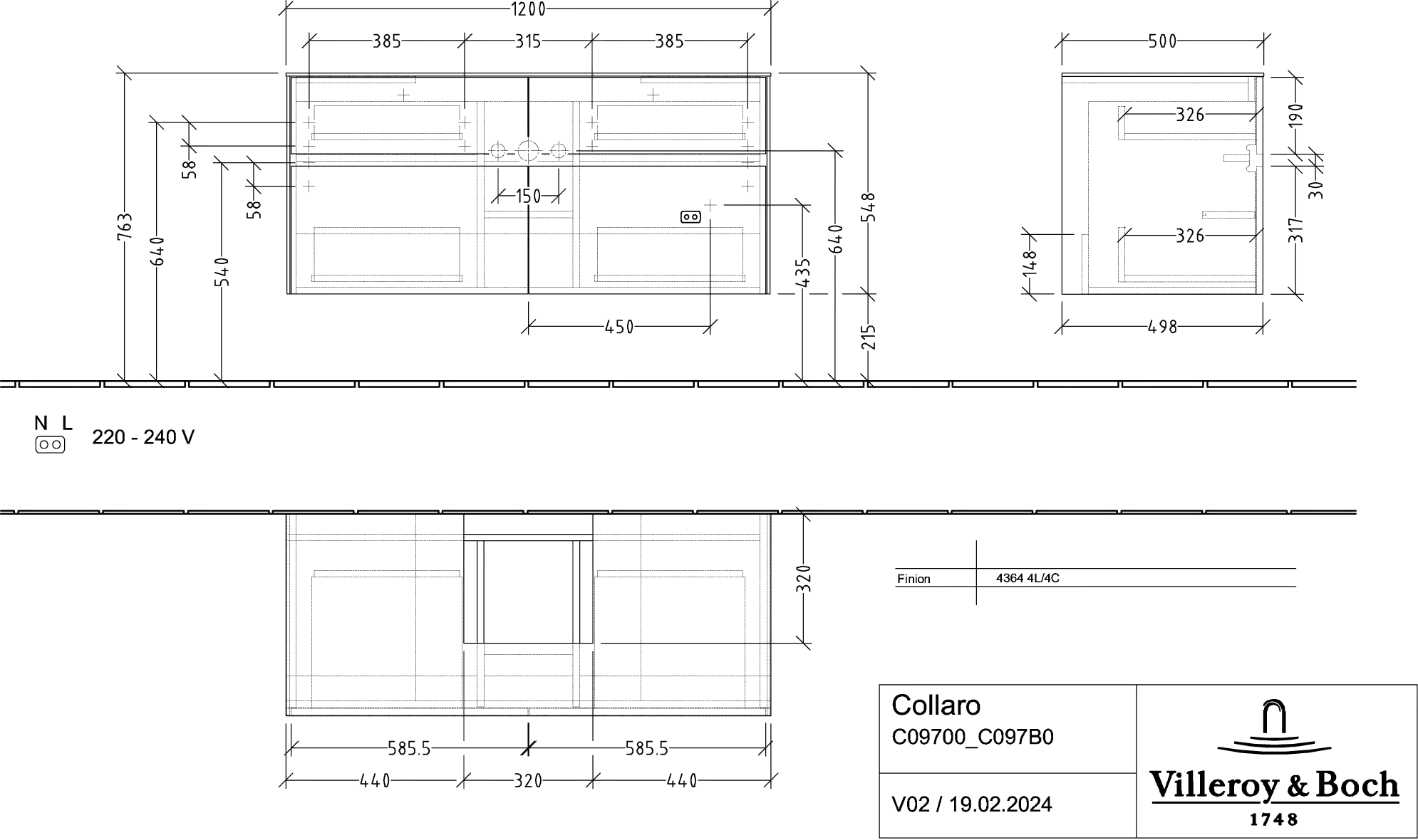 Villeroy & Boch Waschtischunterschrank „Collaro“ 1200 × 548 × 500 mm Graphite, mit Beleuchtung, für Becken mittig
