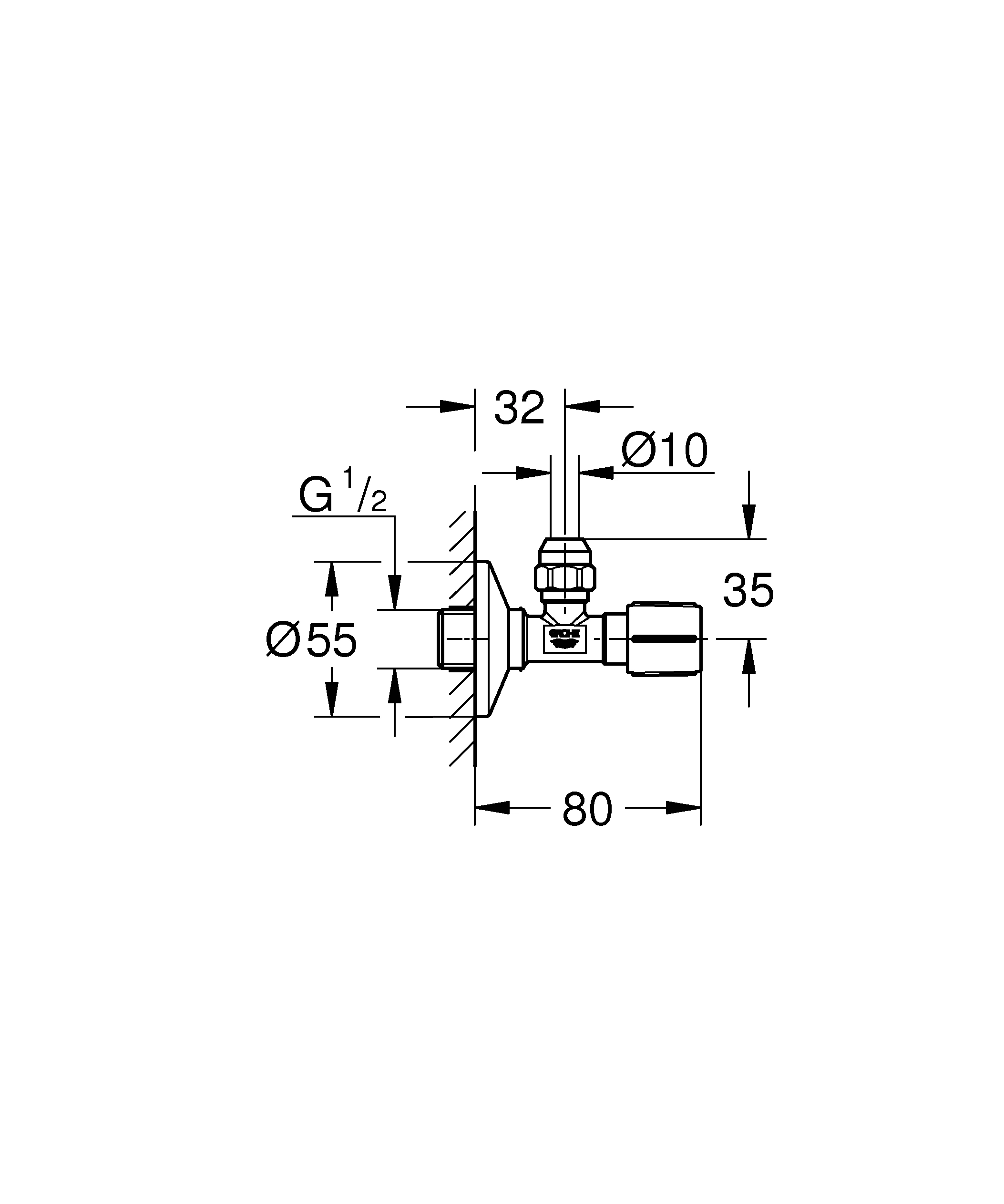 Eckventil 22037, Wandanschluss 1/2'', Abgang 3/8'', langer Schubschaft, Quetschverschraubung Ø 10 mm, Schubrosette aus Metall, chrom