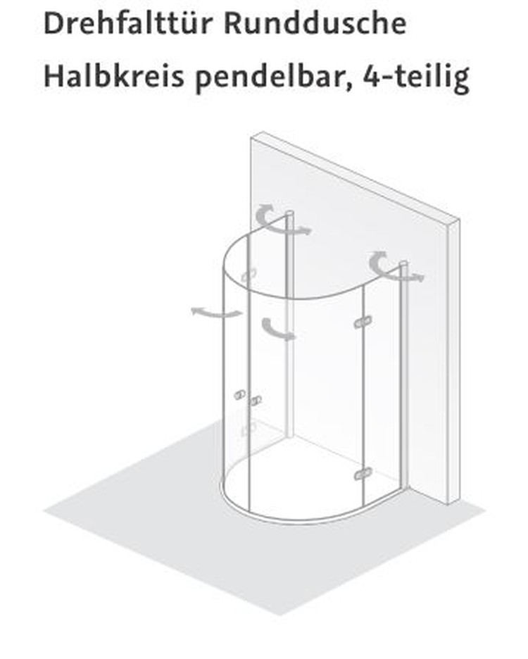 HSK teilgerahmte Runddusche Halbkreis mit Drehfalttür pendelbar, 4-teilig „Exklusiv“ 110 × 202 cm Glas Klar hell, Profile Alu Silber-matt,