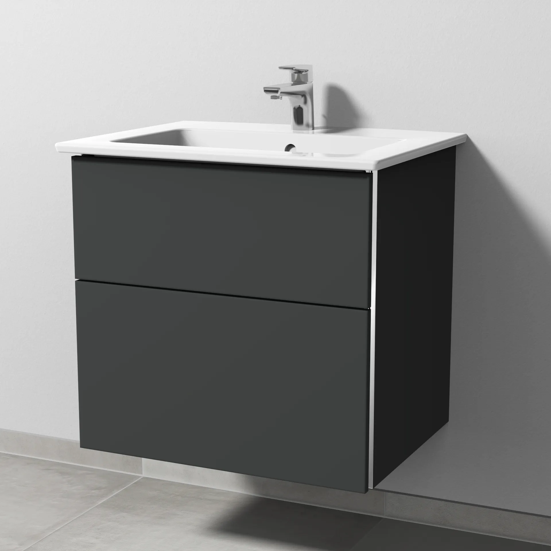 Sanipa Keramik-Waschtisch-Waschtischunterschrank mit Waschtischunterschrank „3way“ 605 × 591 × 477 mm in Graphit (matt), mit Hahnlochbohrung, Becken