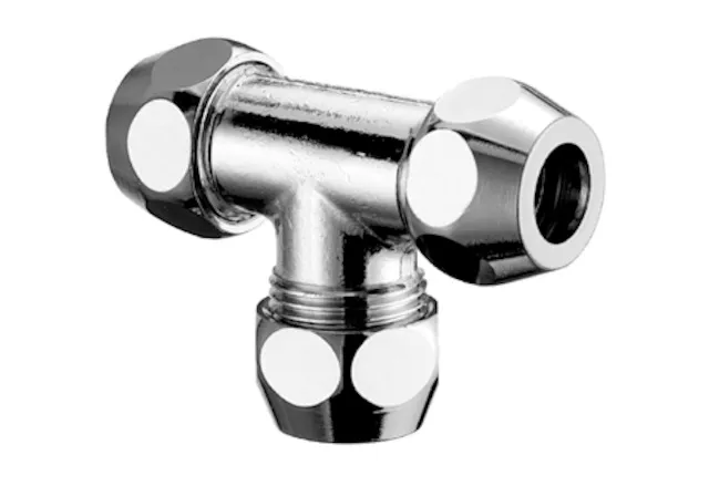 T-Verschraubung, 3x Ø 8 mm (DN 10 G 3/8 AG), chrom T-Verschraubung, 3x Ø 8 mm (DN 10 G 3/8 AG), chrom