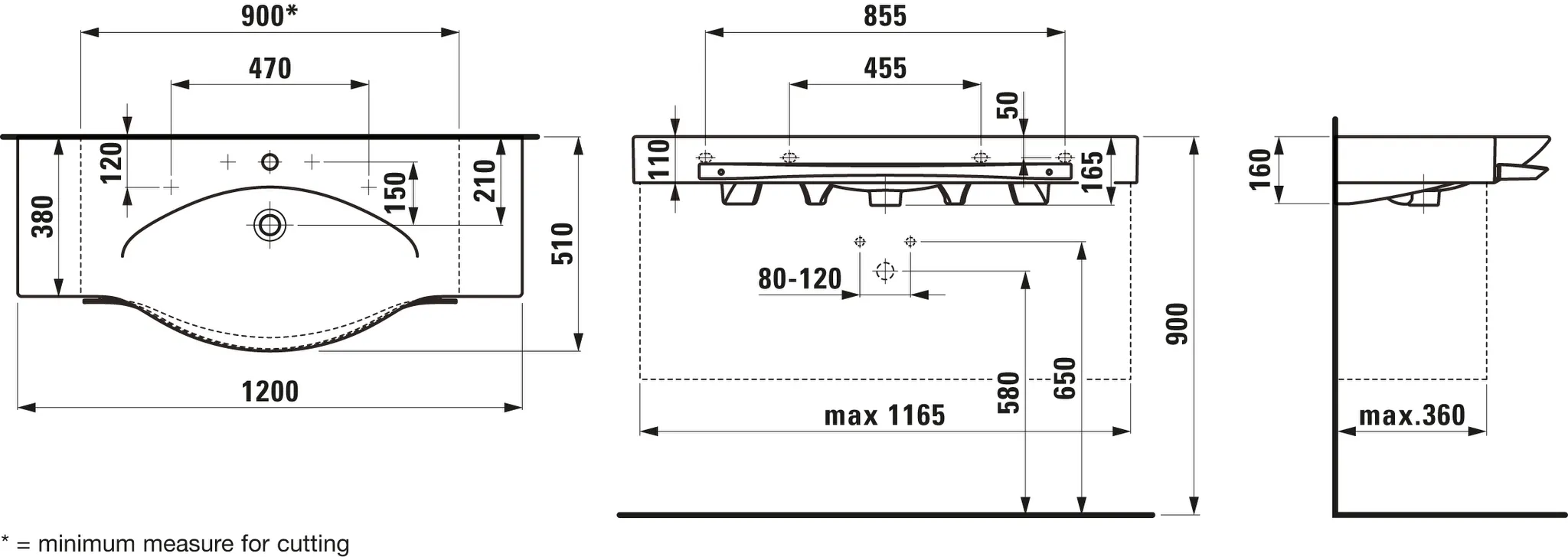 Waschtisch mit Handtuchhalter PALACE 510x1200x165 1 Hahnloch mit Überlauf Ablage links und rechts weiß