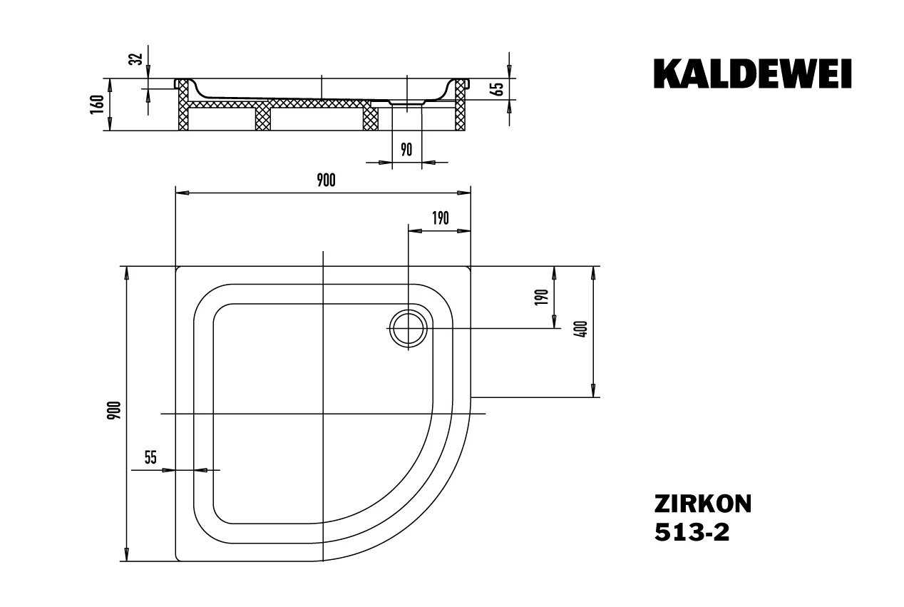 Kaldewei ZIRKON MIT WANNENTRÄGER Duschfläche, 900x900x65 mm, alpinweiß, Antislip, Eckablauf