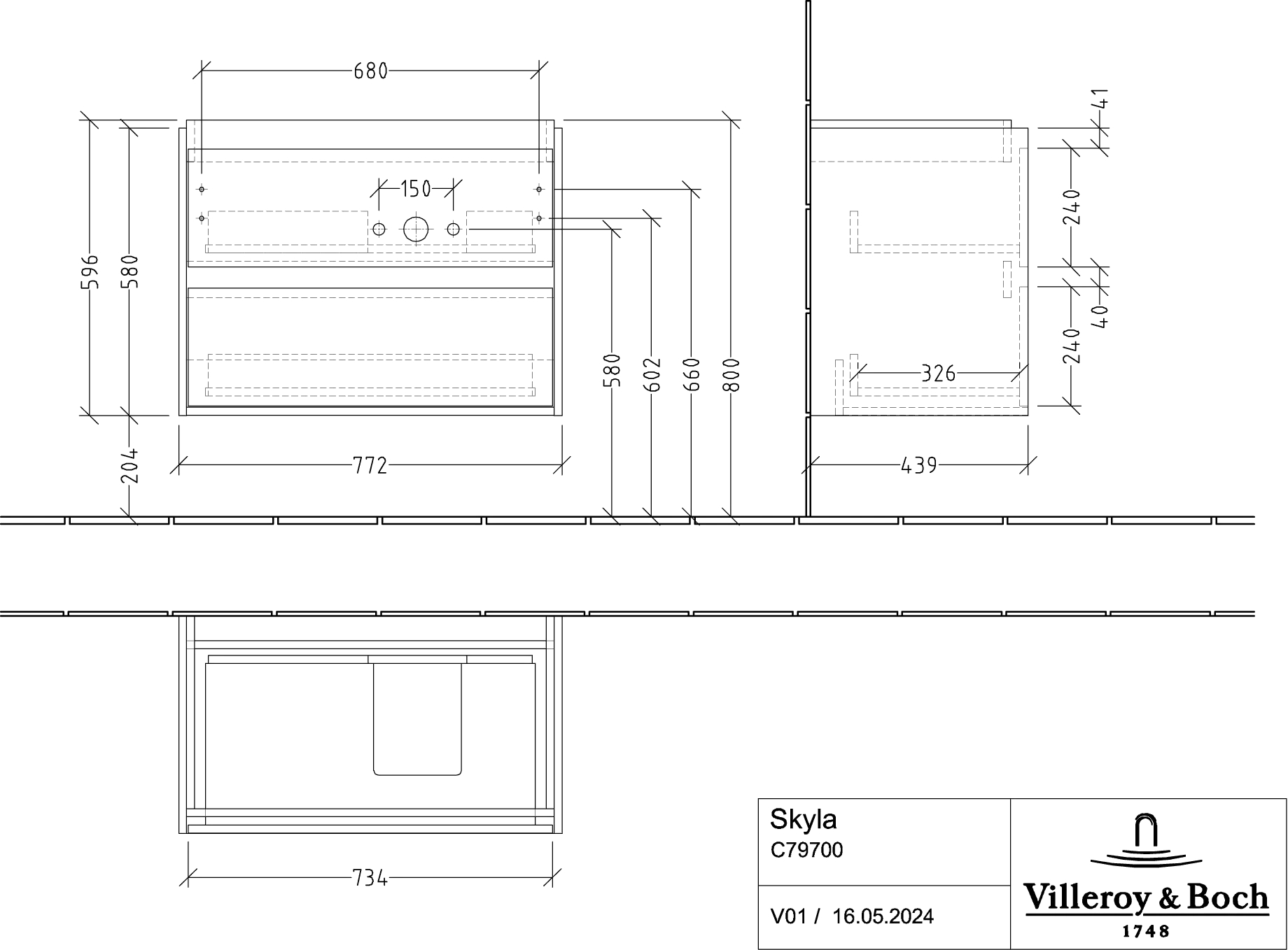 Villeroy & Boch Waschtischunterschrank „Skyla“ 772 × 596 × 439 mm Volcano Black Villeroy & Boch Waschtischunterschrank „Skyla“ 772 × 596 × 439 mm Volcano Black