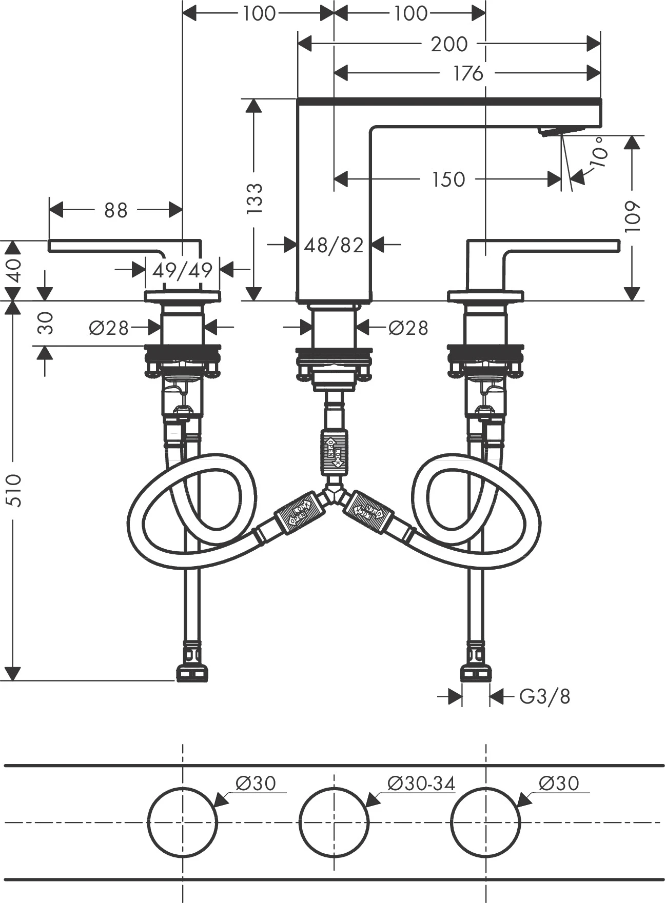 AXOR MyEdition 3-Loch Waschtischarmatur 110 mit Push-Open Ablaufgarnitur Chrom/Spiegelglas