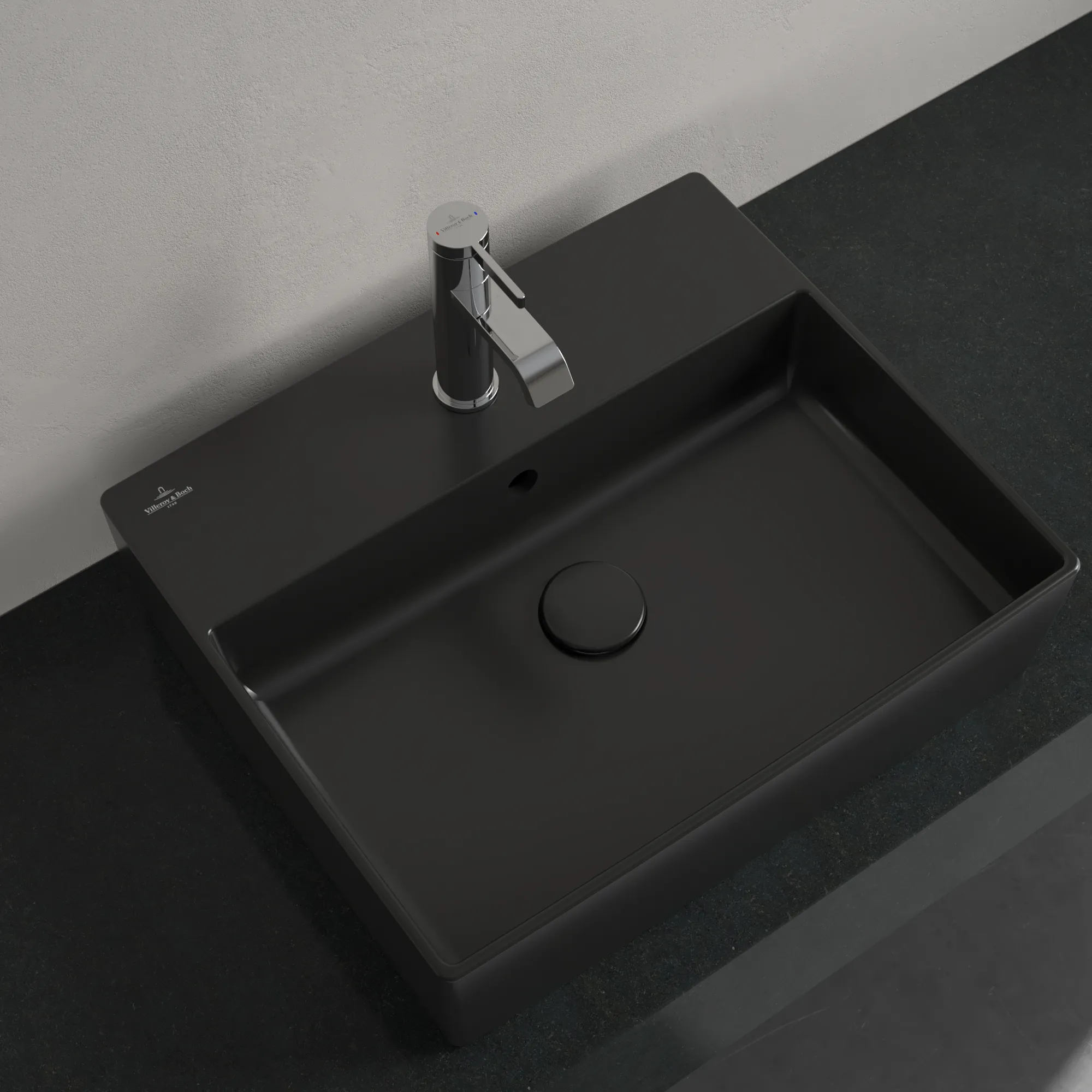 Villeroy & Boch Aufsatzwaschbecken Memento 2.0 Pure Black CeramicPlus, 498x420x139 mm, TitanCeram, matt, mit Überlauf, für 3-Loch-Armatur Villeroy & Boch Aufsatzwaschbecken Memento 2.0 Pure Black CeramicPlus, 498x420x139 mm, TitanCeram, matt, mit Überlauf, für 3-Loch-Armatur