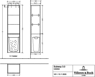 Villeroy & Boch Hochschrank „Subway 3.0“ 45 × 171 × 36,2 cm 1 Tür, 1 Wäscheklappe, 1 × fixer Fachboden, Anschlag: links, 2 × Glasfachboden 