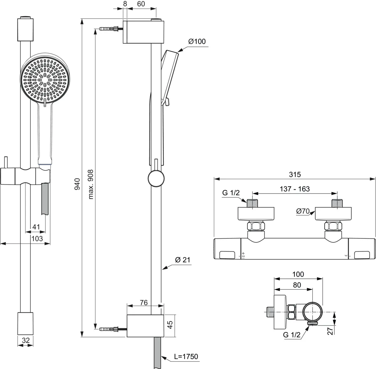 Ideal Standard Ceratherm T25 N 900mm, 2-Funktions-Handbrause Chrom Ideal Standard Ceratherm T25 N 900mm, 2-Funktions-Handbrause Chrom
