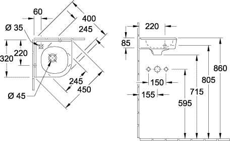 Villeroy & Boch Eck-Handwaschbecken „O.novo“ 400 × 320 × 145 mm, für Becken mittig, mit Hahnlochbohrung, Hahnlochposition mittig in Weiß Alpin Villeroy & Boch Eck-Handwaschbecken „O.novo“ 400 × 320 × 145 mm, für Becken mittig, mit Hahnlochbohrung, Hahnlochposition mittig in Weiß Alpin