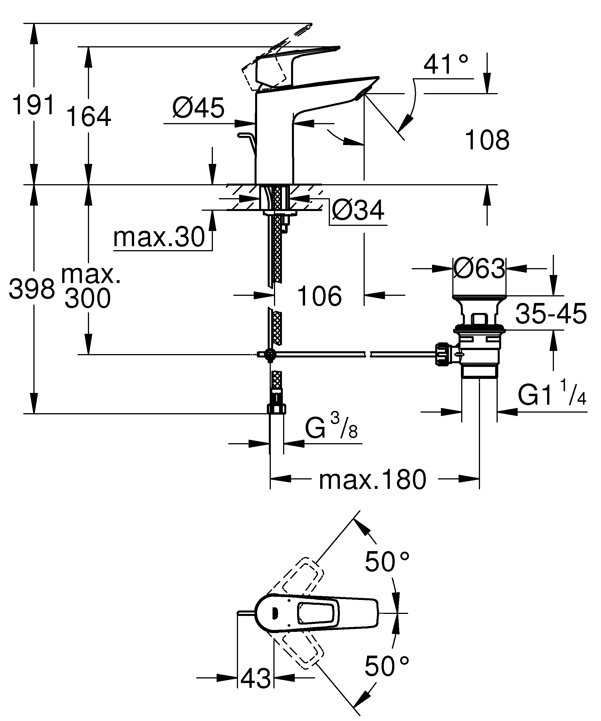 Einhand-Waschtischbatterie BauLoop 23762_1, M-Size, Einlochmontage, mit Temperaturbegrenzer, EcoJoy Mousseur 5,7 l/min, Zugstangen-Ablaufgarnitur aus Kunststoff 1 1/4″, chrom