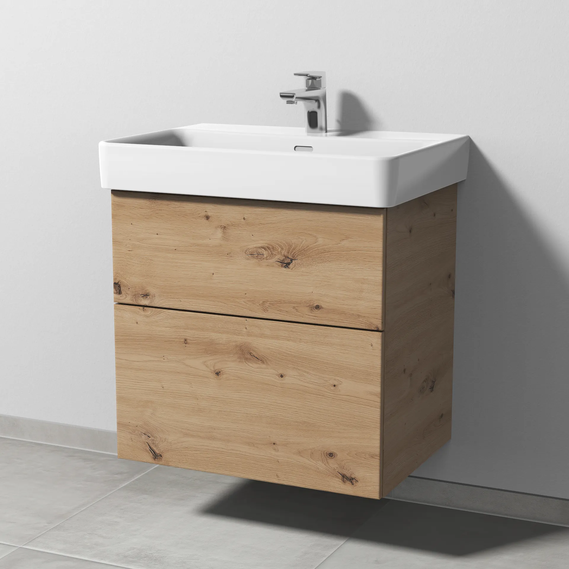 Sanipa Waschtischunterschrank „3way“ passend zu Keramik-Waschtische Pro S von Laufen 600 × 593 × 437 mm in Eiche Natural-Touch, Becken mittig
