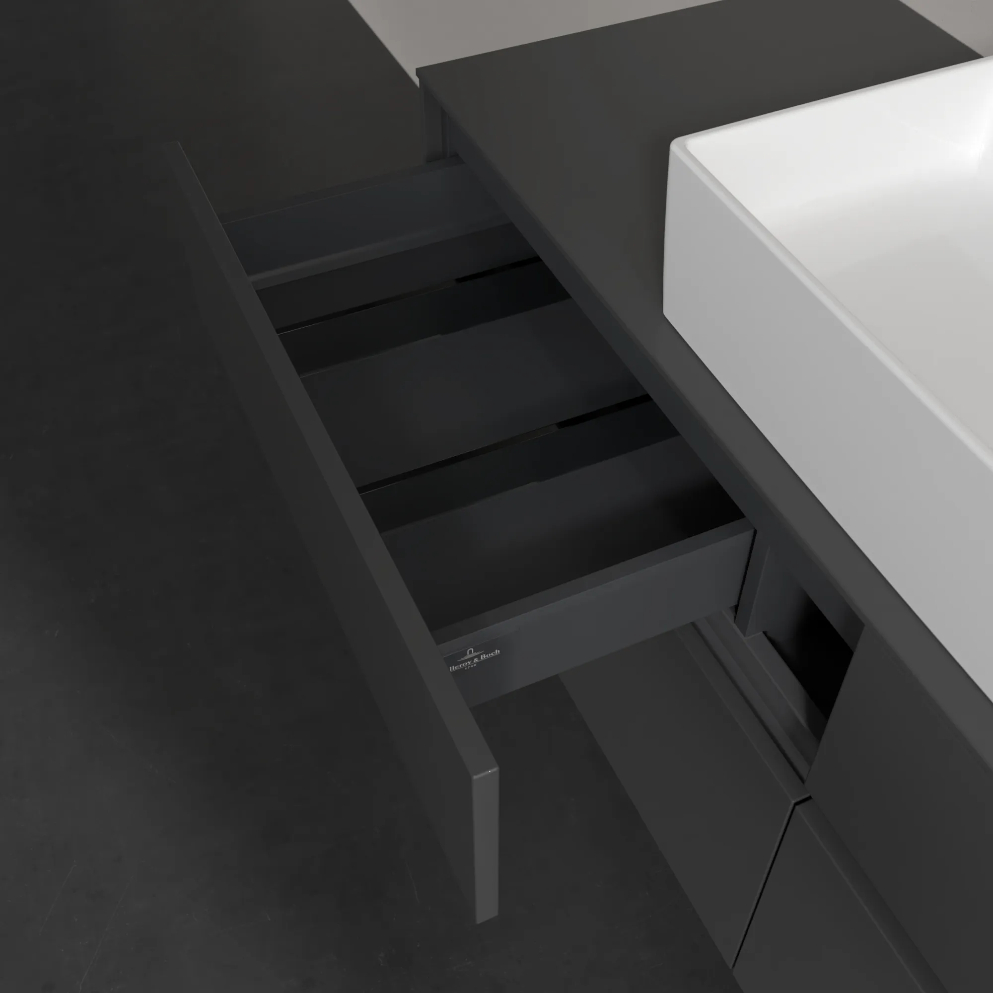 Villeroy & Boch Waschbeckenunterschrank Collaro C13100, Eckig Glossy Grey, 1400x548x500 mm, 4 Auszüge mit SoftClosing, mittige Wanneneinbauposition Villeroy & Boch Waschbeckenunterschrank Collaro C13100, Eckig Glossy Grey, 1400x548x500 mm, 4 Auszüge mit SoftClosing, mittige Wanneneinbauposition