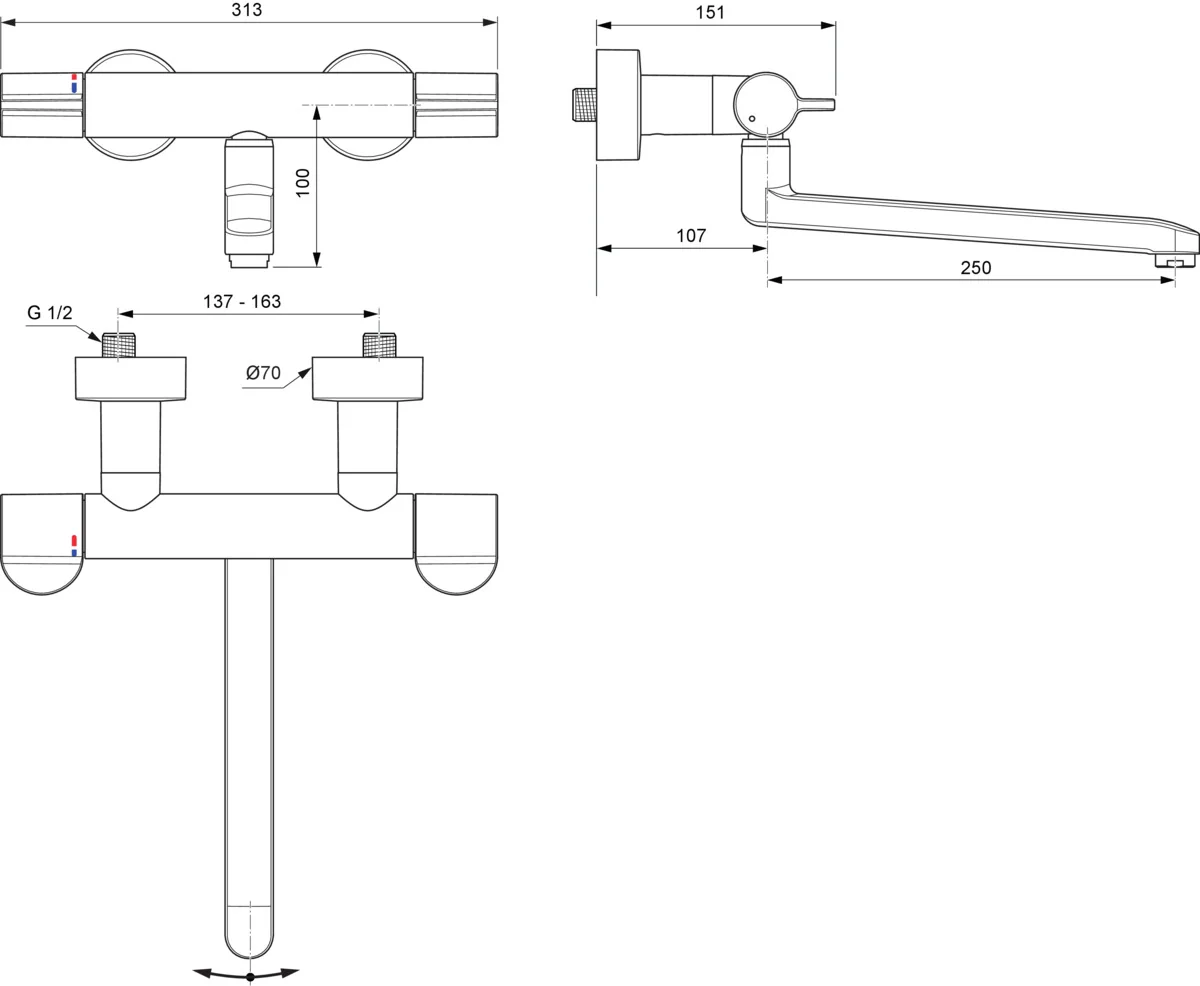 Ideal Standard Ceraplus Safe Wand-Waschtischthermostat Chrom, Ausladung 380 mm, thermische Desinfektion und absperrbare S-Anschlüsse