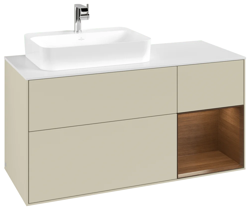 Villeroy & Boch Finion Waschbeckenunterschrank G40, 1200x603x501mm, Silk Grey Matt Lacquer / Walnut Veneer / Glass White Matt Villeroy & Boch Finion Waschbeckenunterschrank G40, 1200x603x501mm, Silk Grey Matt Lacquer / Walnut Veneer / Glass White Matt