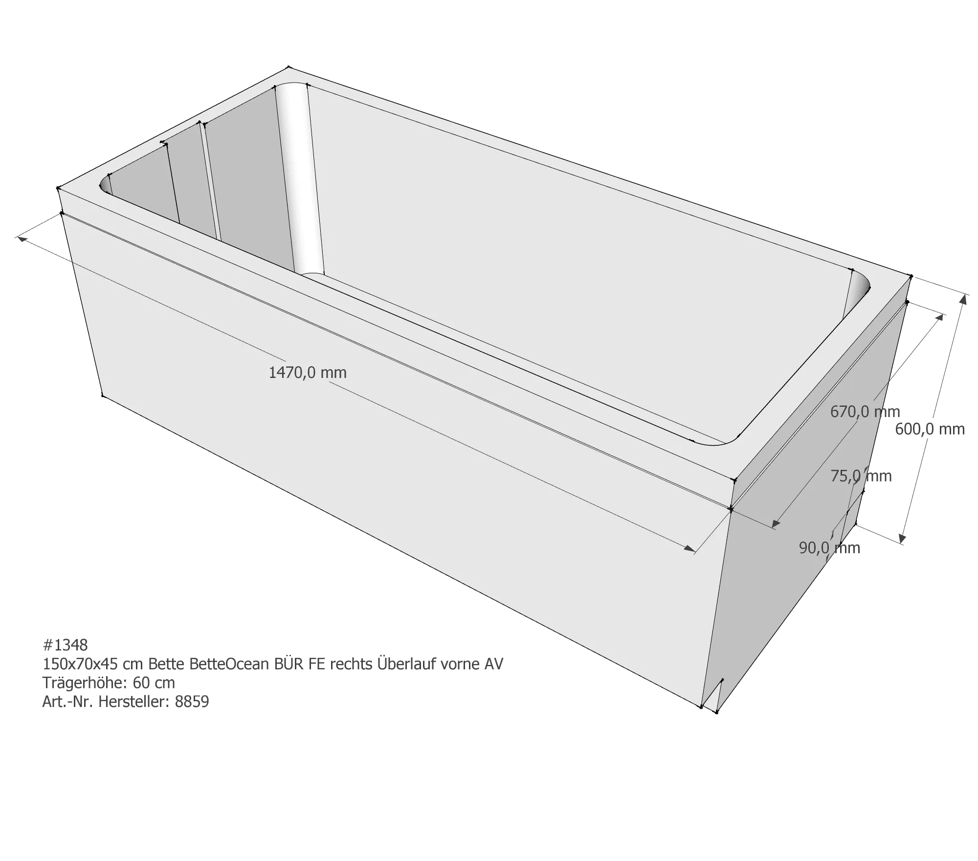 Badewannenträger für Bette Ocean 150 × 70 × 45 cm Ab- und Überlaufposition: vorn