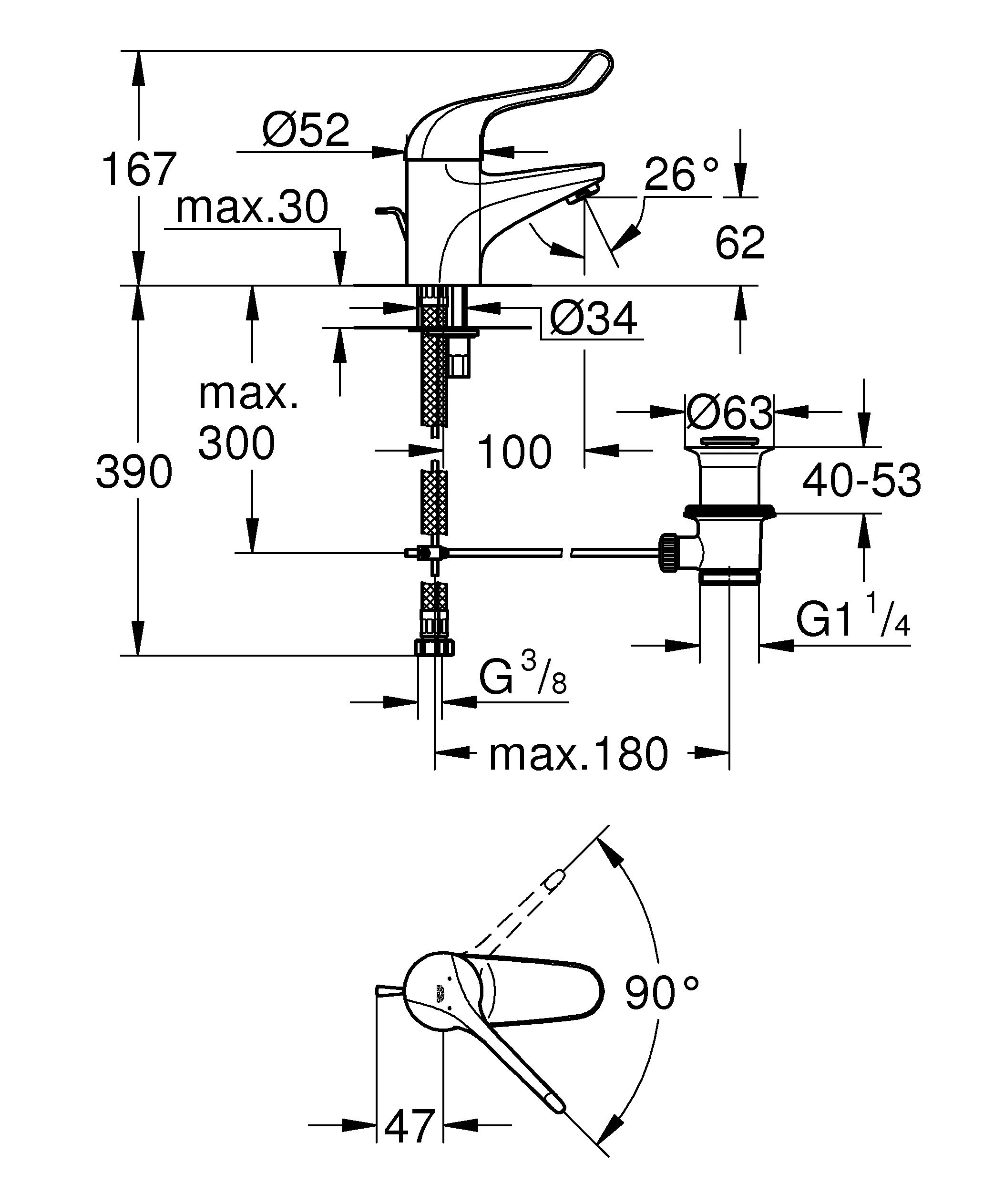 Einhand-Sicherheitsmisch-Waschtischbatterie Euroeco Special 32788, Einlochmontage, Zugstangen-Ablaufgarnitur 1 1/4'', Hebellänge 120 mm, chrom