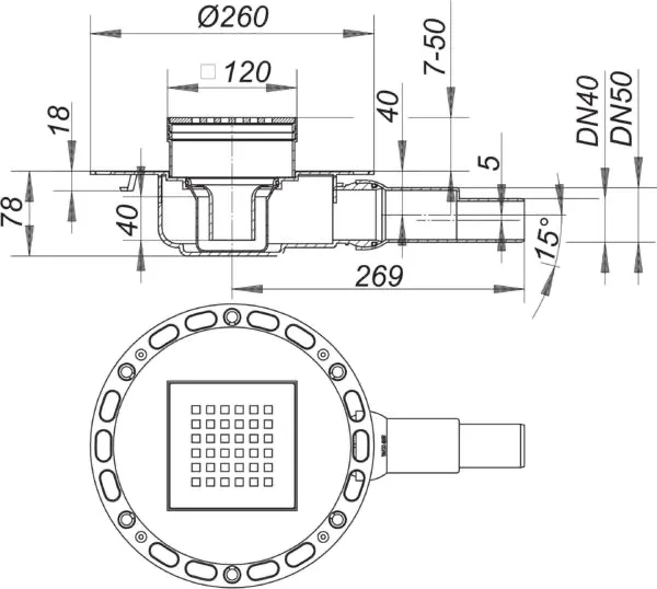 Bodenablauf TistoPlan Quadra 12, DN 40/DN 50, 120 x 120 mm