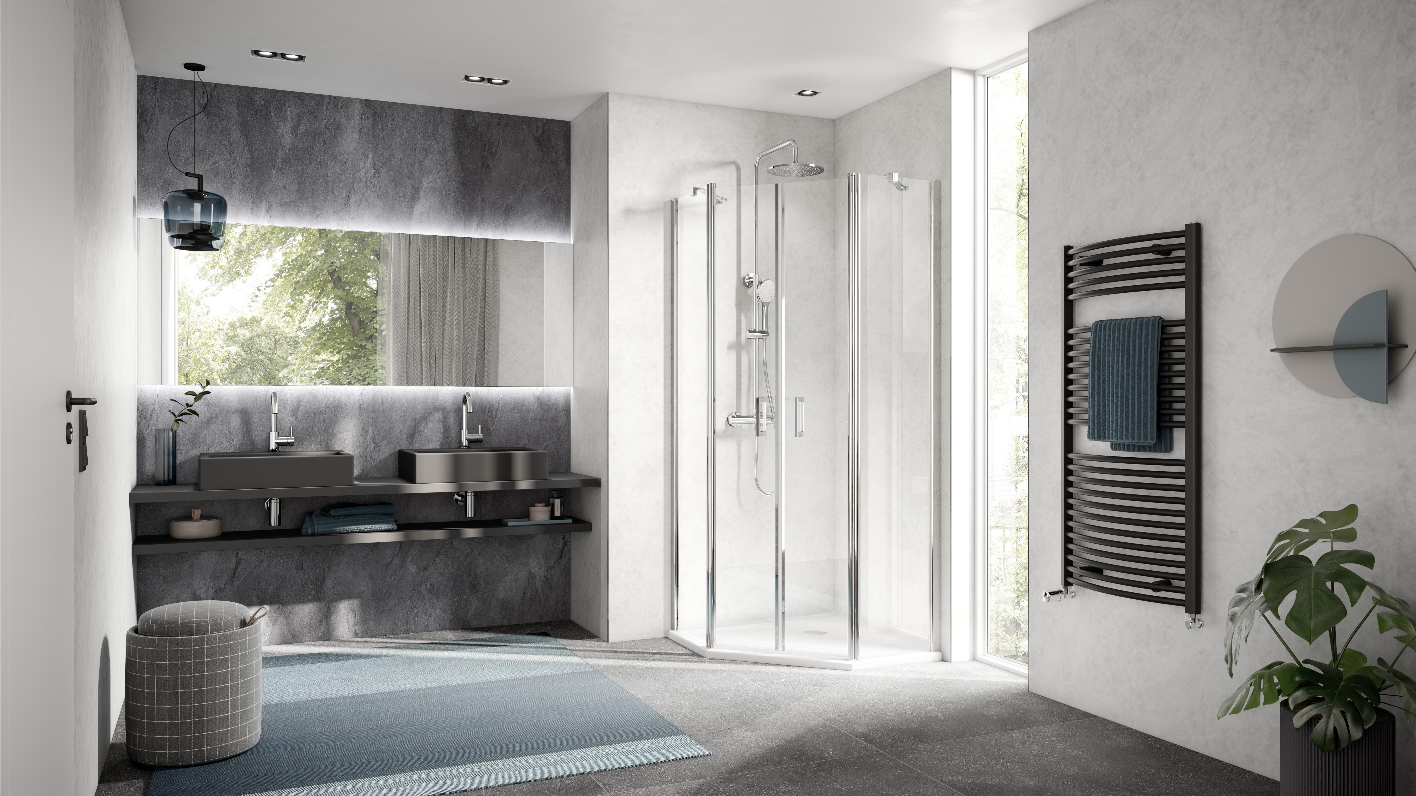 HSK teilgerahmte Fünfeckdusche pendelbar 4-teilig „Exklusiv 2.0“ Glas Klar hell, Profile Alu Silber-matt, H: 2000 mm HSK teilgerahmte Fünfeckdusche pendelbar 4-teilig „Exklusiv 2.0“ Glas Klar hell, Profile Alu Silber-matt, H: 2000 mm