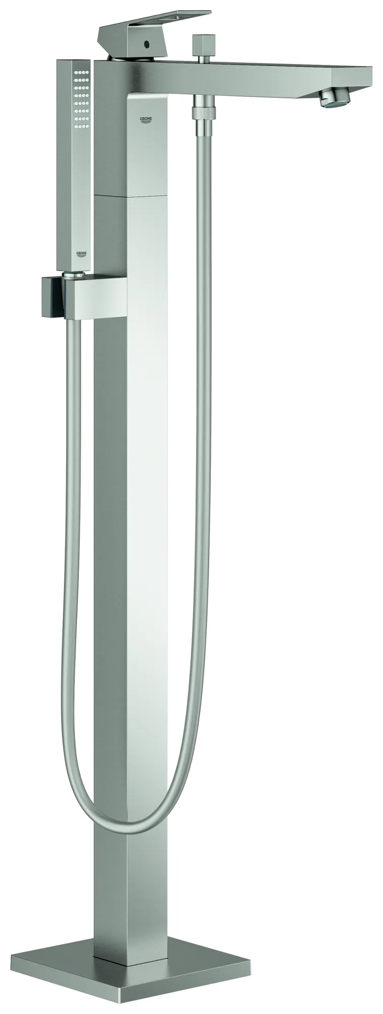 Einhand-Wannenbatterie Eurocube 23672_1, Bodenmontage, Fertigmontageset für 45984, mit Handbrause und Brauseschlauch, eigensicher, chrom Farbe: supersteel Einhand-Wannenbatterie Eurocube 23672_1, Bodenmontage, Fertigmontageset für 45984, mit Handbrause und Brauseschlauch, eigensicher, chrom Farbe: supersteel