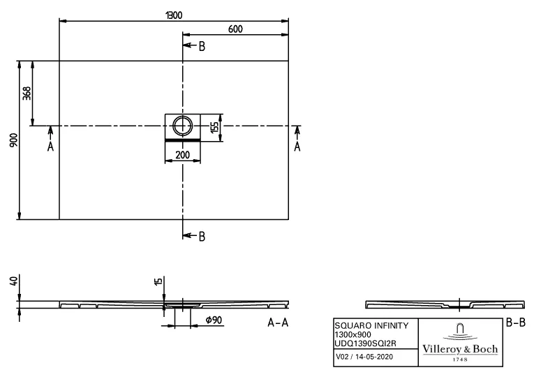 Villeroy & Boch rechteck Duschwanne „Squaro Infinity“ Eck-Einbau rechts gegen Wand 130 × 90 cm