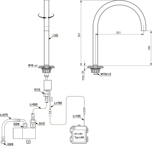 Berührungslose Waschtischarmatur Solos Batterie (6 V), eckig Brushed Gold