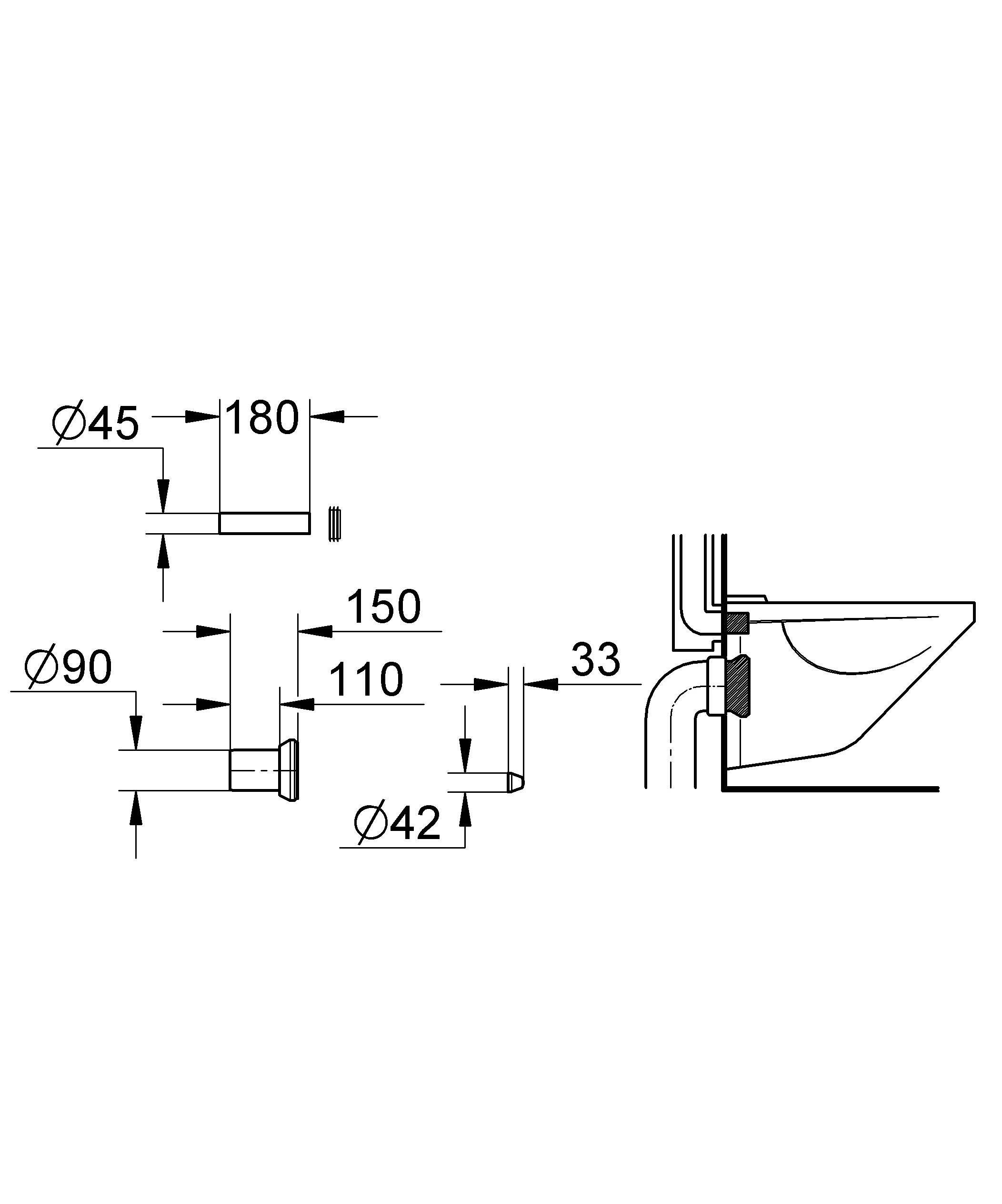 WC Zu- und Ablaufgarnitur 37311, für wandhängendes WC, 150 mm lang, schwarz