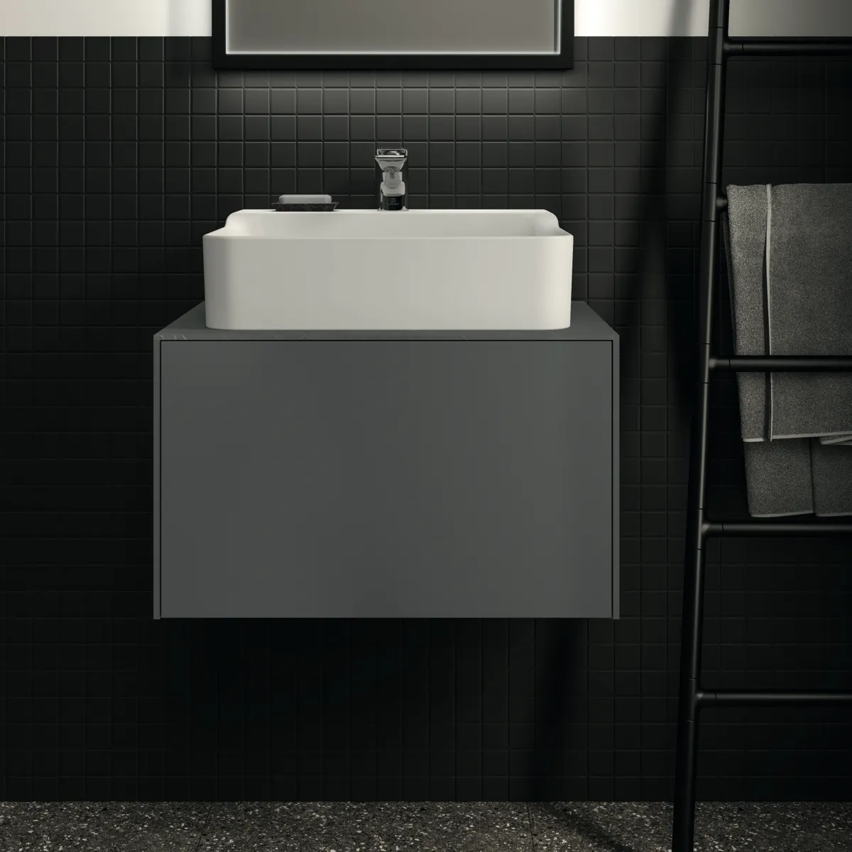 Waschtischplatte Conca, aus Keramik, 602x505x6mm, Marmor Noir Desir