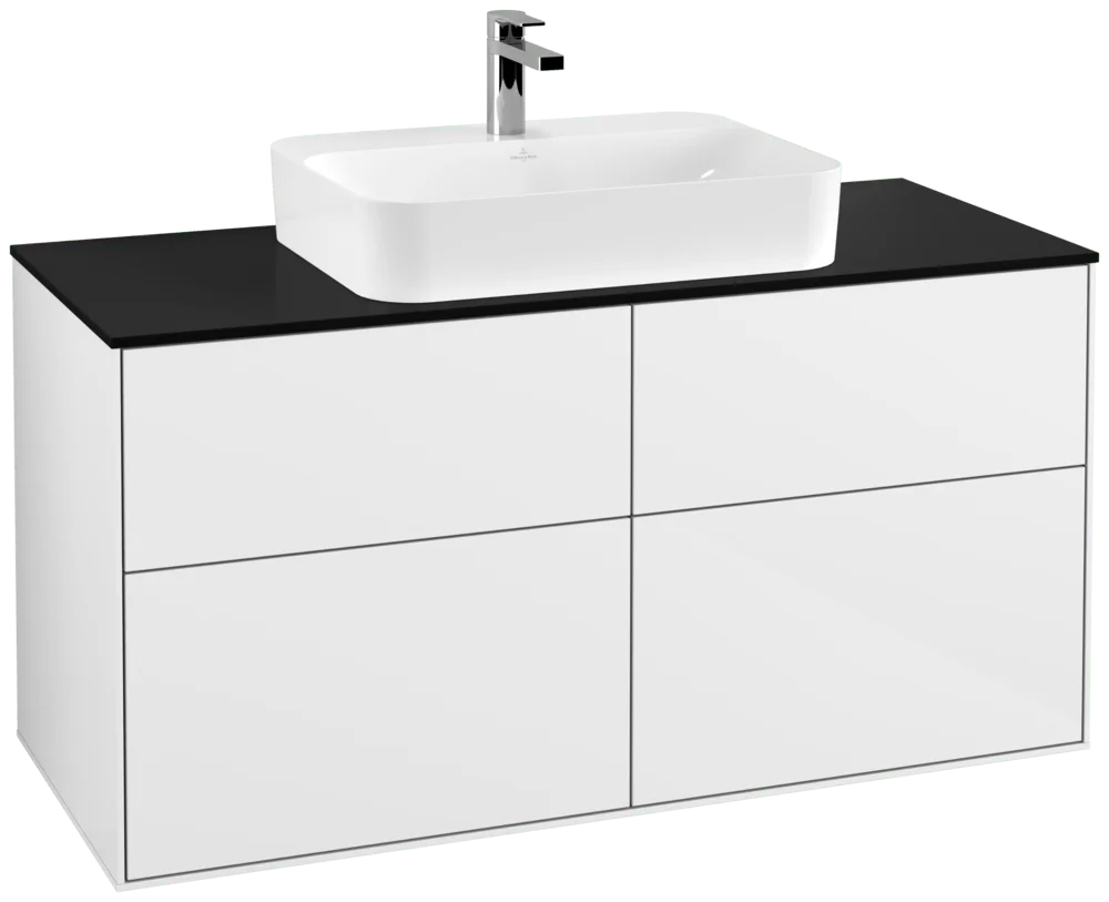 Villeroy & Boch Finion Waschbeckenunterschrank F38, 1200x603x501mm, Glossy White Lacquer / Glass Black Matt