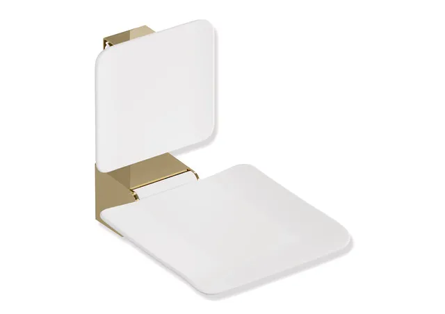 Klappsitz des Systems 900, Wandkonsole aus Edelstahl, PVD, Sitzfläche und Rückenlehne aus strukturiertem Kunststoff, weiß, Sitzfläche 450 mm breit, 450 mm tief, in Farbe CK (Messing glänzend) Klappsitz des Systems 900, Wandkonsole aus Edelstahl, PVD, Sitzfläche und Rückenlehne aus strukturiertem Kunststoff, weiß, Sitzfläche 450 mm breit, 450 mm tief, in Farbe CK (Messing glänzend)