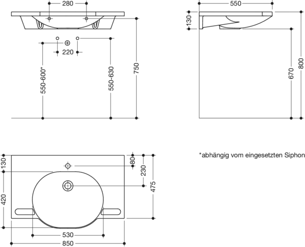 HEWI Waschtisch PG87, alpinweiß, B:850mm, T:550mm HEWI Waschtisch PG87, alpinweiß, B:850mm, T:550mm