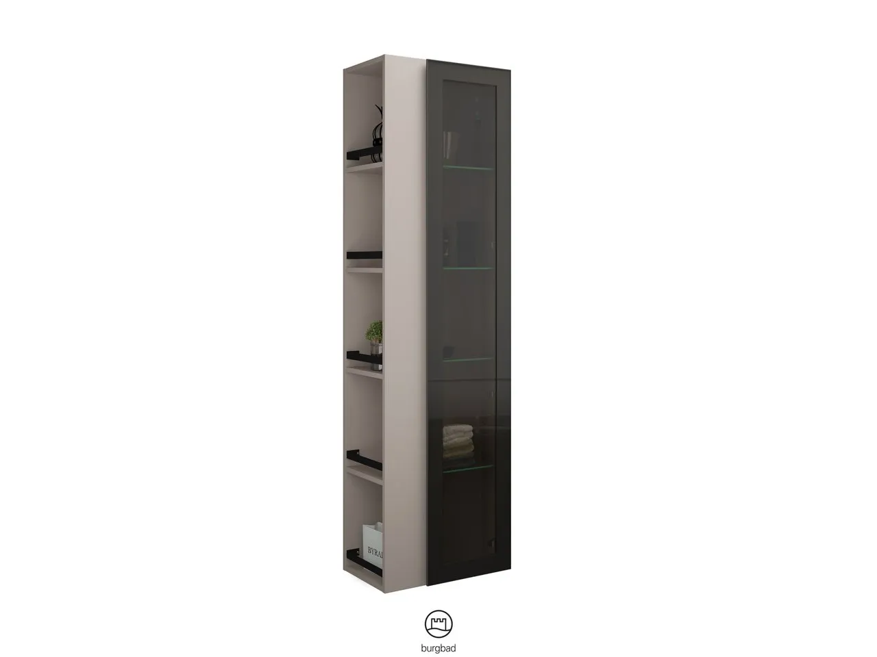 Hochschrank, 1 Alurahmentür mit Rauchglaseinsatz in Bronze;4 Glaseinlegeböden;offenes Regal mit 4 Einlegeböden, Tiefe: 320 mm, Breite: 500 mm, Höhe: 1760 mm