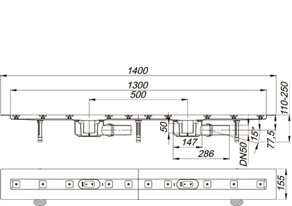 Duschrinne CeraLine F Duo 1300 mm, DN 50 Duschrinne CeraLine F Duo 1300 mm, DN 50
