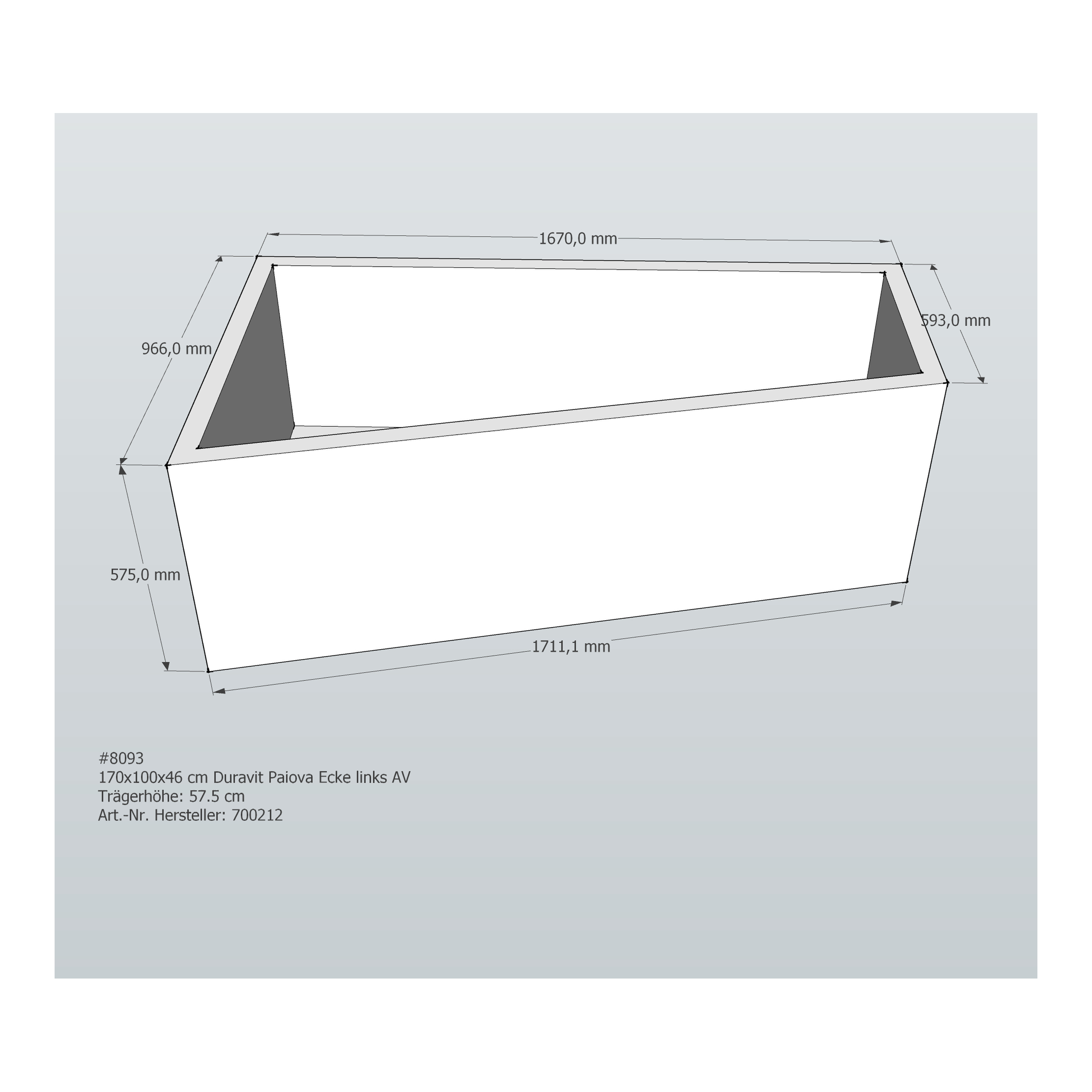 Badewannenträger für Duravit Paiova Ecke links links 170 × 100 × 46 cm Ausführung: links / Breite: 100 cm / Länge: 170 cm Badewannenträger für Duravit Paiova Ecke links links 170 × 100 × 46 cm Ausführung: links / Breite: 100 cm / Länge: 170 cm