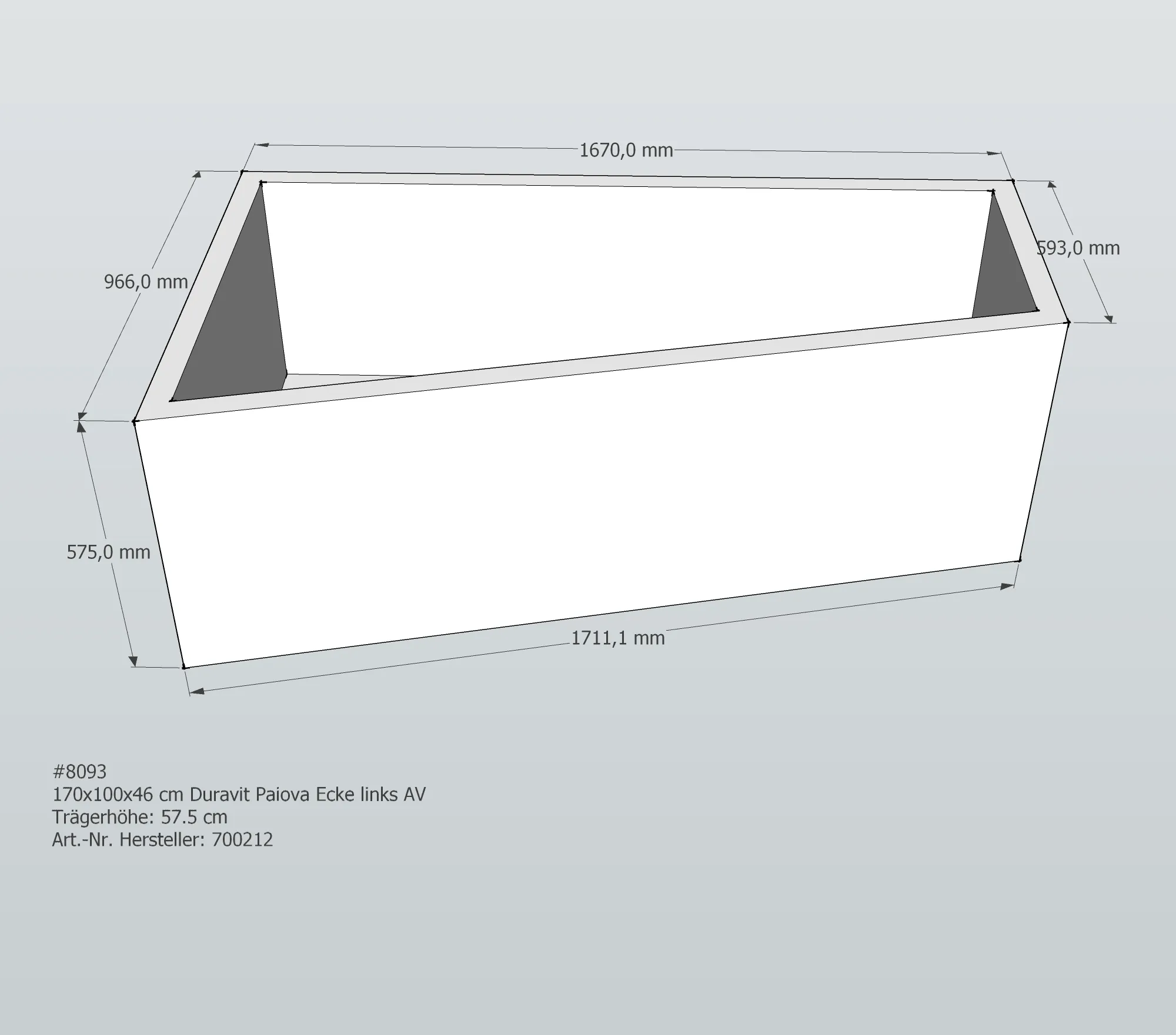 Badewannenträger für Duravit Paiova Ecke links links 170 × 100 × 46 cm