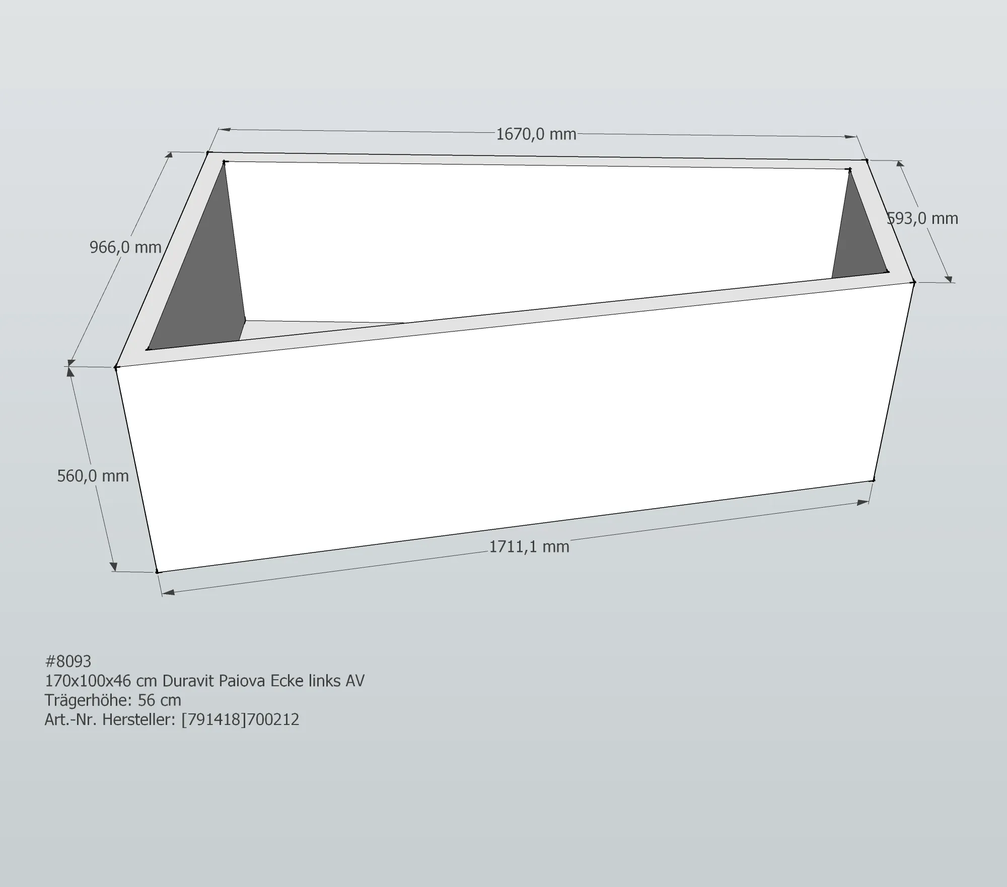 Badewannenträger für Duravit Paiova Ecke links links 170 × 100 × 46 cm Ausführung: links / Breite: 100 cm / Länge: 170 cm Badewannenträger für Duravit Paiova Ecke links links 170 × 100 × 46 cm Ausführung: links / Breite: 100 cm / Länge: 170 cm