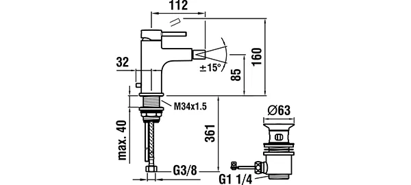 Einhebel-Bidetmischer TWINPLUS Festauslauf Ausladung 112 mm mit Ablaufventil chrom