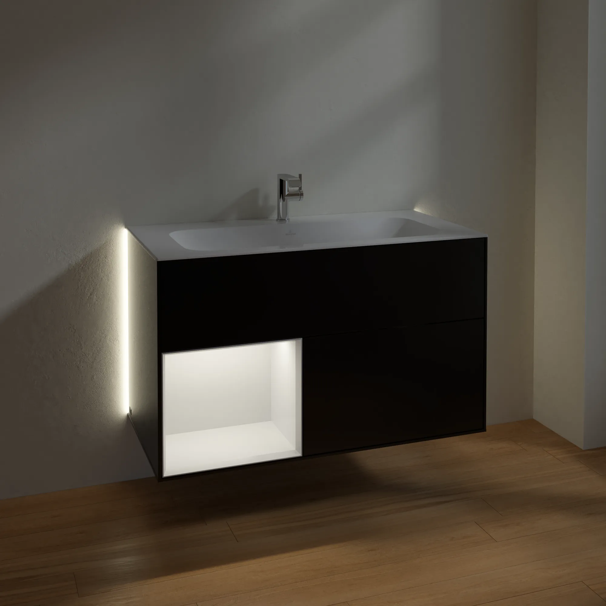 Villeroy & Boch Waschtischunterschrank „Finion“ für Schrankwaschtisch 996 × 591 × 498 mm Black Matt Lacquer, für Becken mittig Villeroy & Boch Waschtischunterschrank „Finion“ für Schrankwaschtisch 996 × 591 × 498 mm Black Matt Lacquer, für Becken mittig