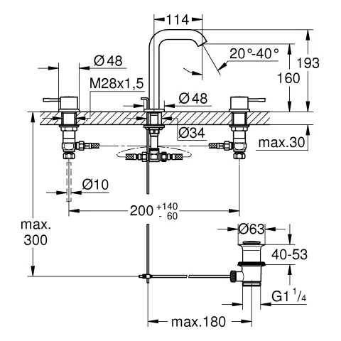 3-Loch-Waschtischbatterie Essence 20296_1, Zugstangen-Ablaufgarnitur 1 1/4'' 3-Loch-Waschtischbatterie Essence 20296_1, Zugstangen-Ablaufgarnitur 1 1/4''
