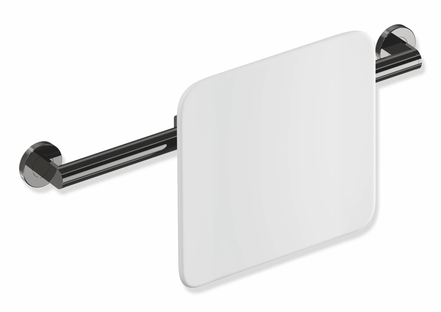 Rückenstütze des Systems 900, Anbindung aus Edelstahl, PVD, Lehne aus Kunststoff, weiß, Achsmaß von 582 bis 682 mm bauseits verstellbar, T: 150 mm, zur Wandmontage, in Farbe CK (messing glänzend)