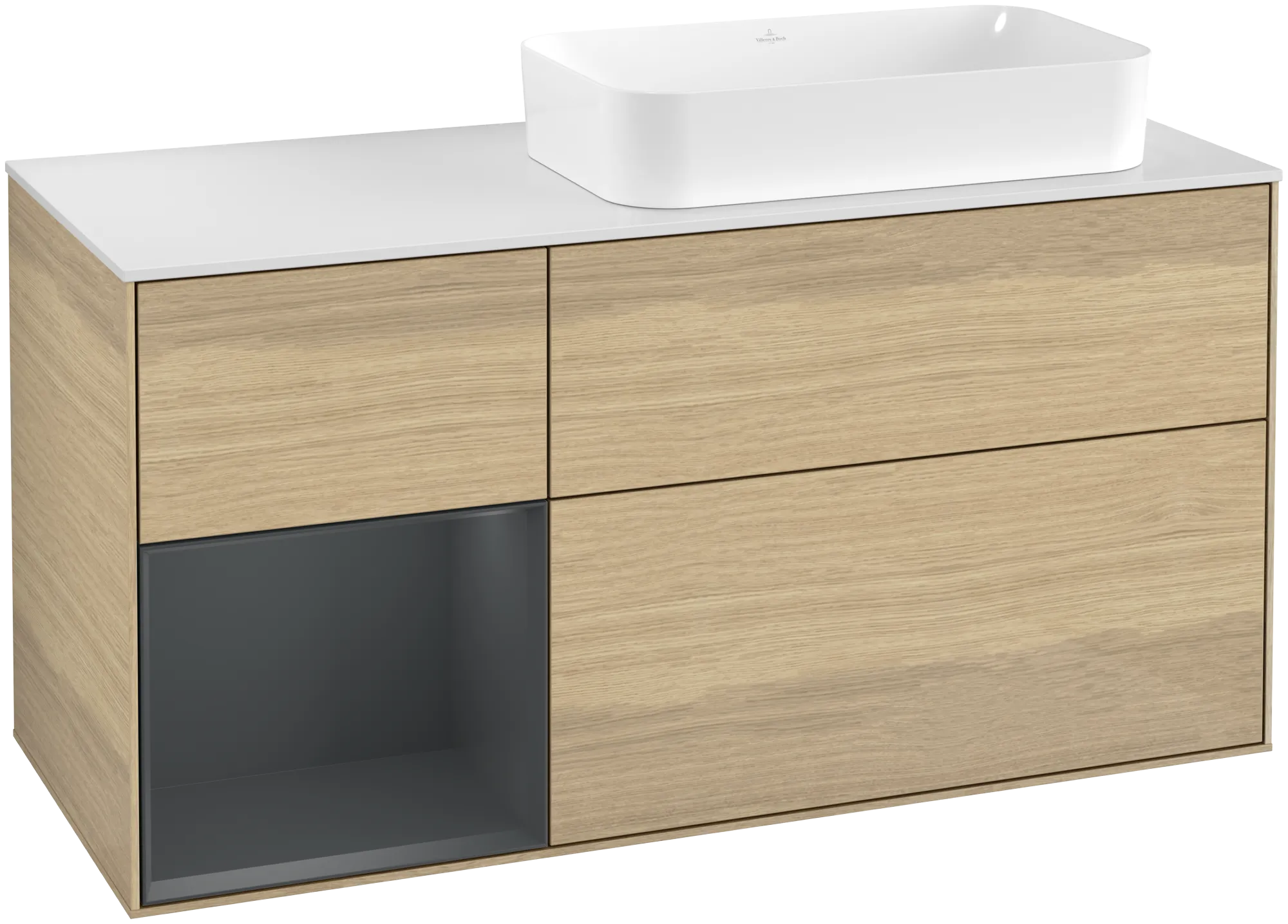 Villeroy & Boch Finion Waschbeckenunterschrank G68, 1200x603x501mm, Oak Veneer / Midnight Blue Matt Lacquer / Glass White Matt