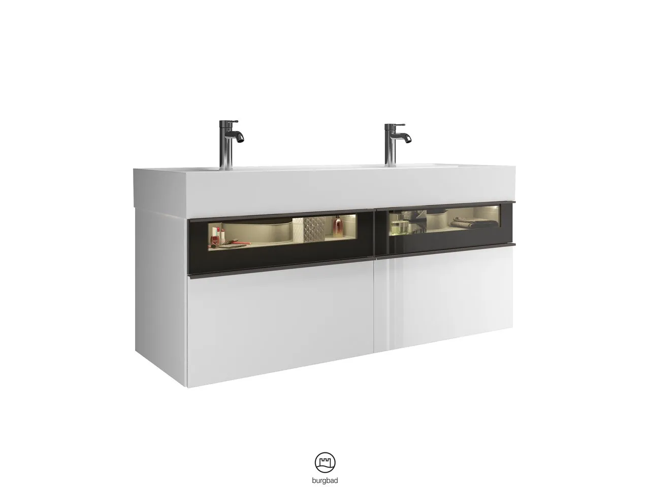 Mi-Waschtisch inkl. WTU Yumo von burgbad – 470x1315x610 mm, Mineralguss, Rauchglasfront, LED-Beleuchtung