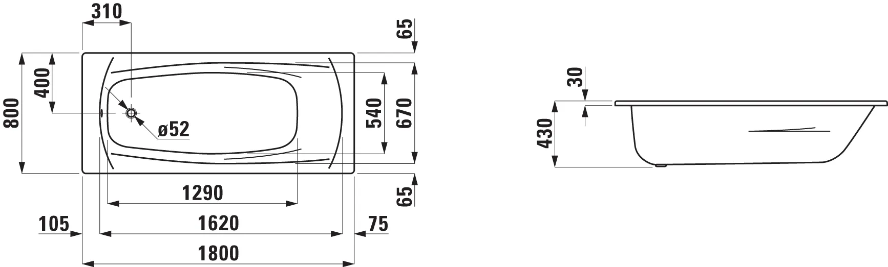 Einbau-Badewanne PALLADIUM 800x1800x430 aus Stahl inklusive Schallschutz weiß