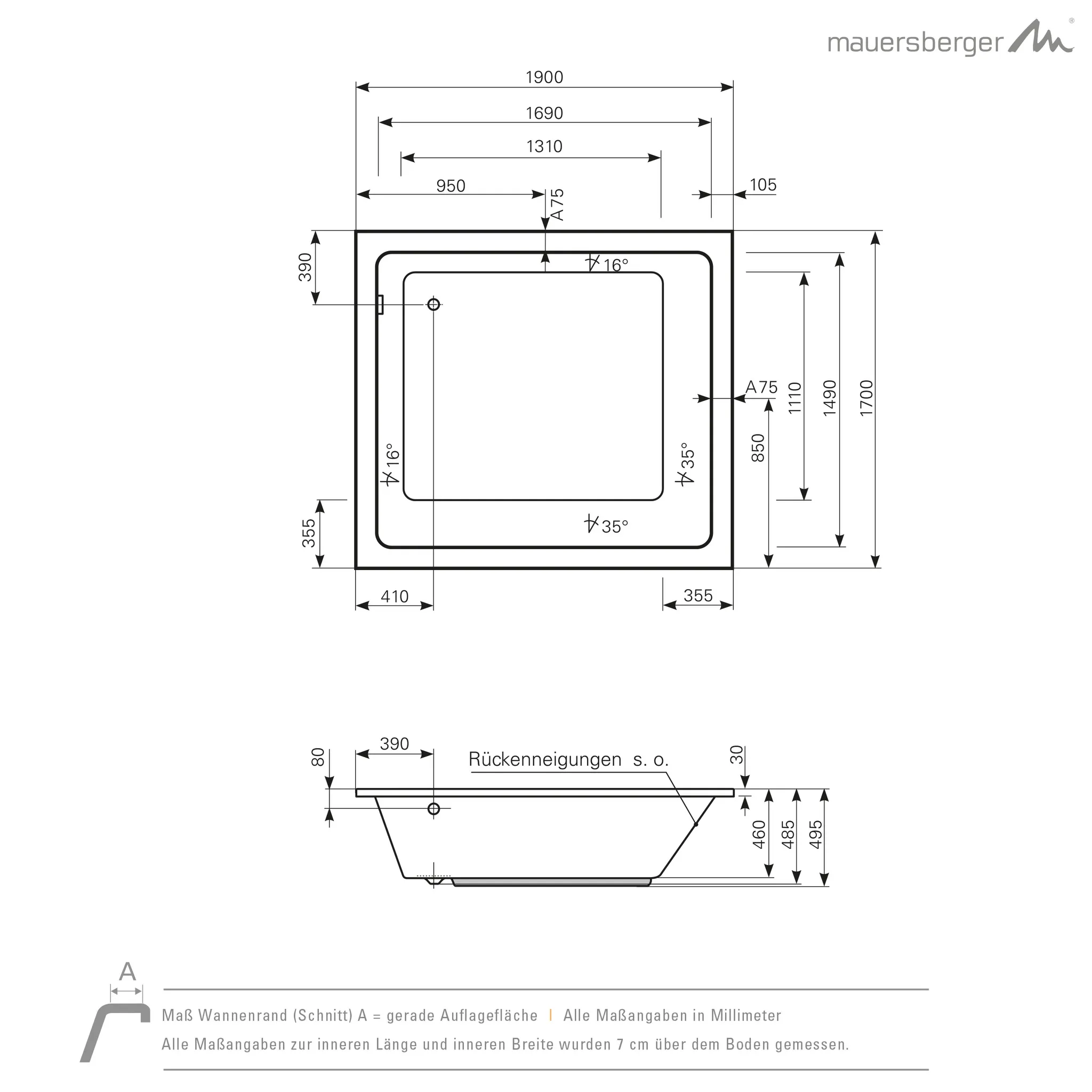 Mauersberger Acryl-Badewanne convexa 190⁄170 1900x1700x495, Farbe weiß Mauersberger Acryl-Badewanne convexa 190⁄170 1900x1700x495, Farbe weiß