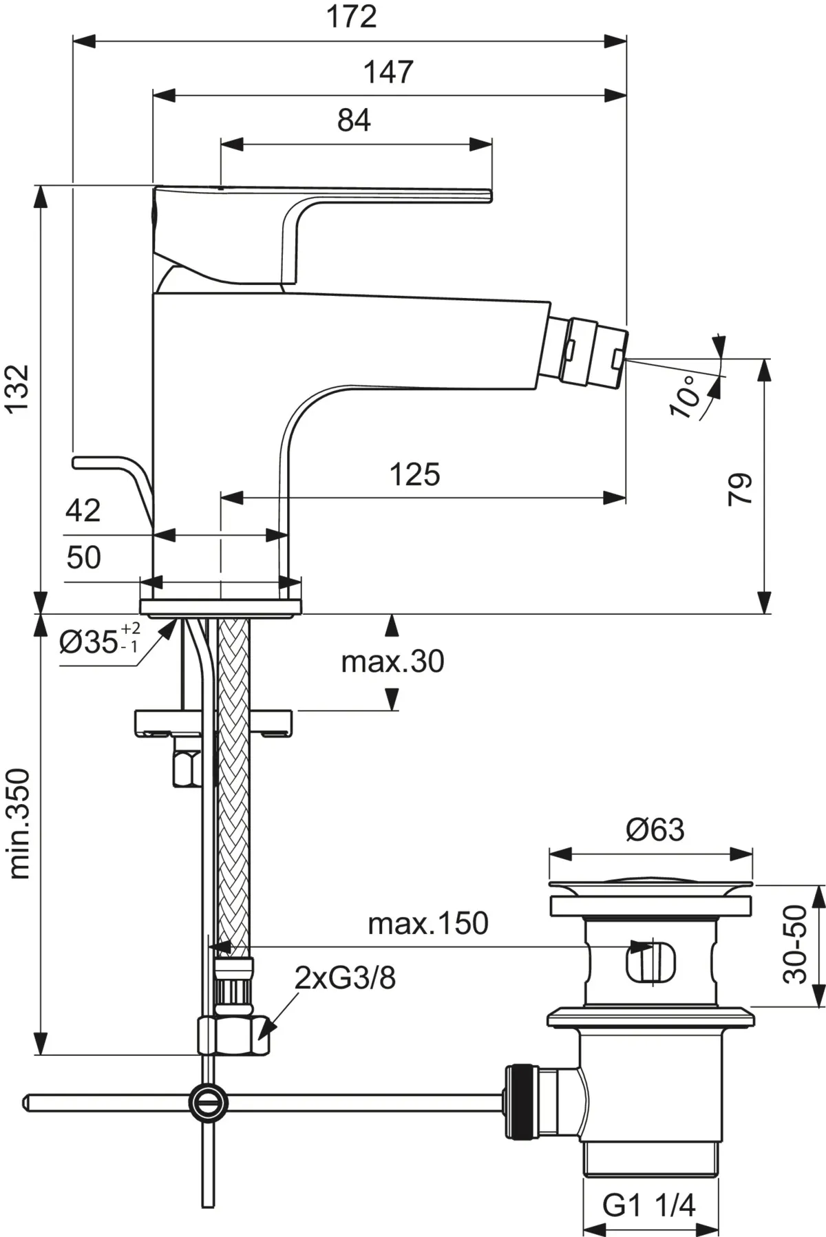 Bidetarmatur Cerafine D, mit Ablaufgarnitur, Ausladung 125mm, Chrom Bidetarmatur Cerafine D, mit Ablaufgarnitur, Ausladung 125mm, Chrom
