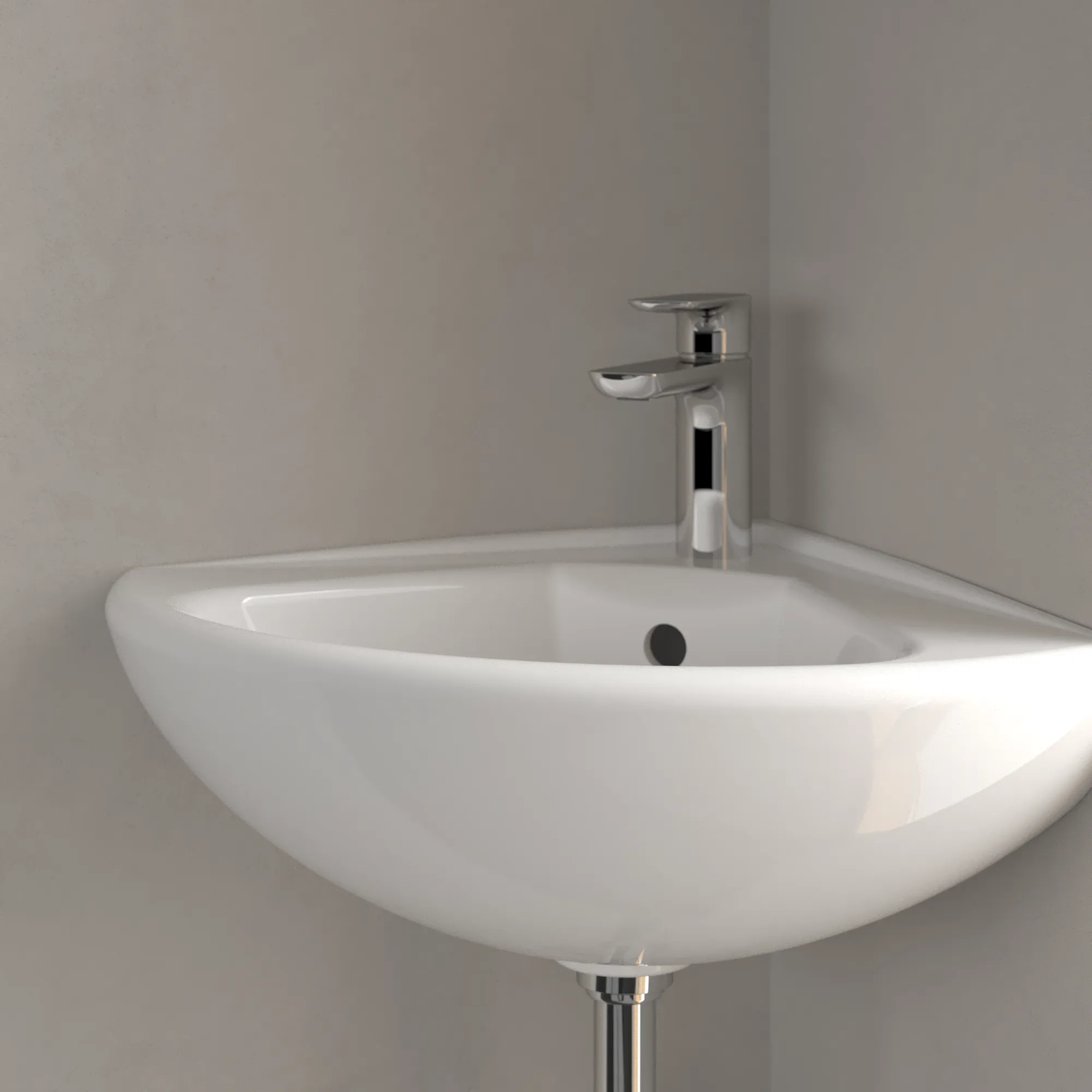 Villeroy & Boch Eck-Handwaschbecken „O.novo“ Compact 415 × 415 × 195 mm, mit Hahnlochbohrung, Hahnlochposition mittig