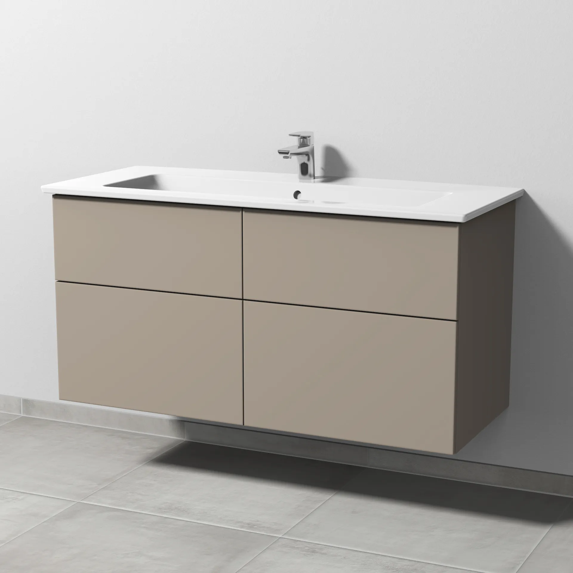 Keramik-Waschtisch-Set mit Waschtischunterschrank „3way“ 115,5 × 47,7 × 59,1 cm in Sandgrau (matt), mit Hahnlochbohrung, Becken mittig Keramik-Waschtisch-Set mit Waschtischunterschrank „3way“ 115,5 × 47,7 × 59,1 cm in Sandgrau (matt), mit Hahnlochbohrung, Becken mittig
