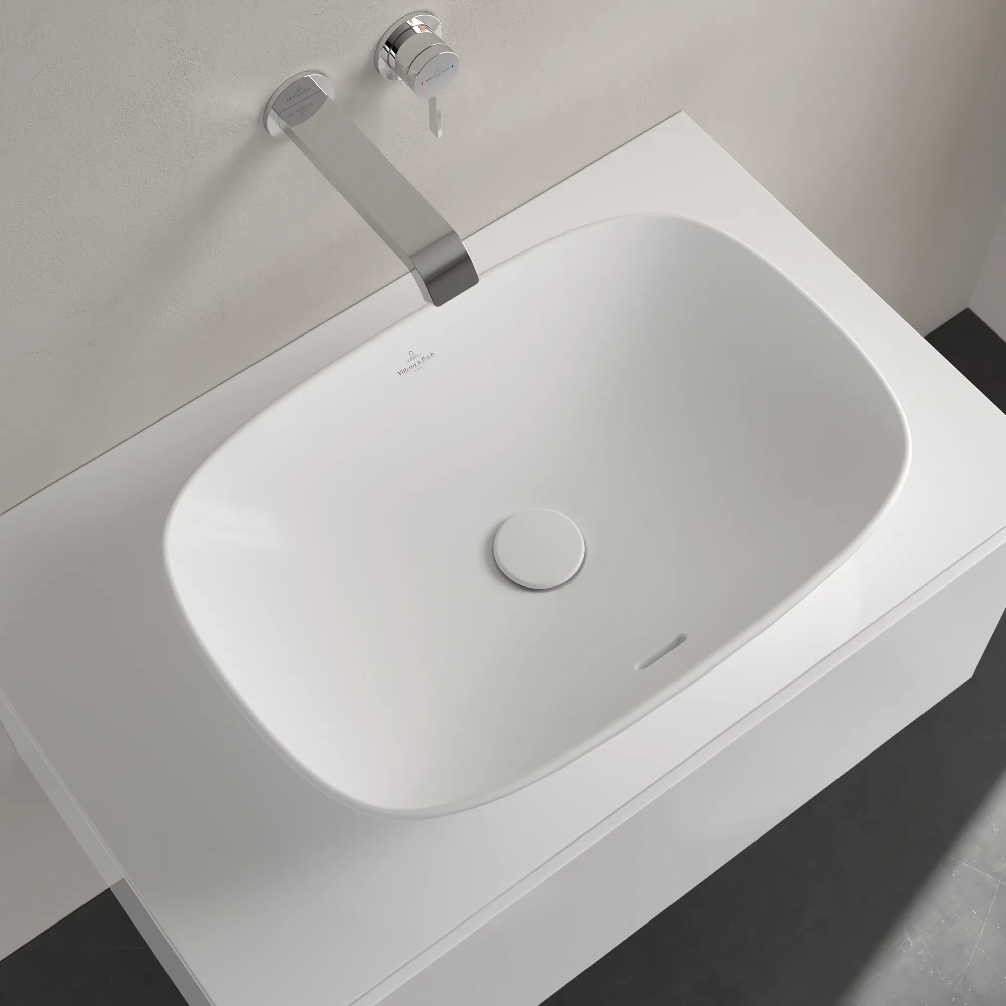 Villeroy & Boch Aufsatzwaschtisch aus TitanCeram „Loop & Friends“ 560 × 380 × 150 mm, ohne Hahnlochbohrung in Stone White Villeroy & Boch Aufsatzwaschtisch aus TitanCeram „Loop & Friends“ 560 × 380 × 150 mm, ohne Hahnlochbohrung in Stone White
