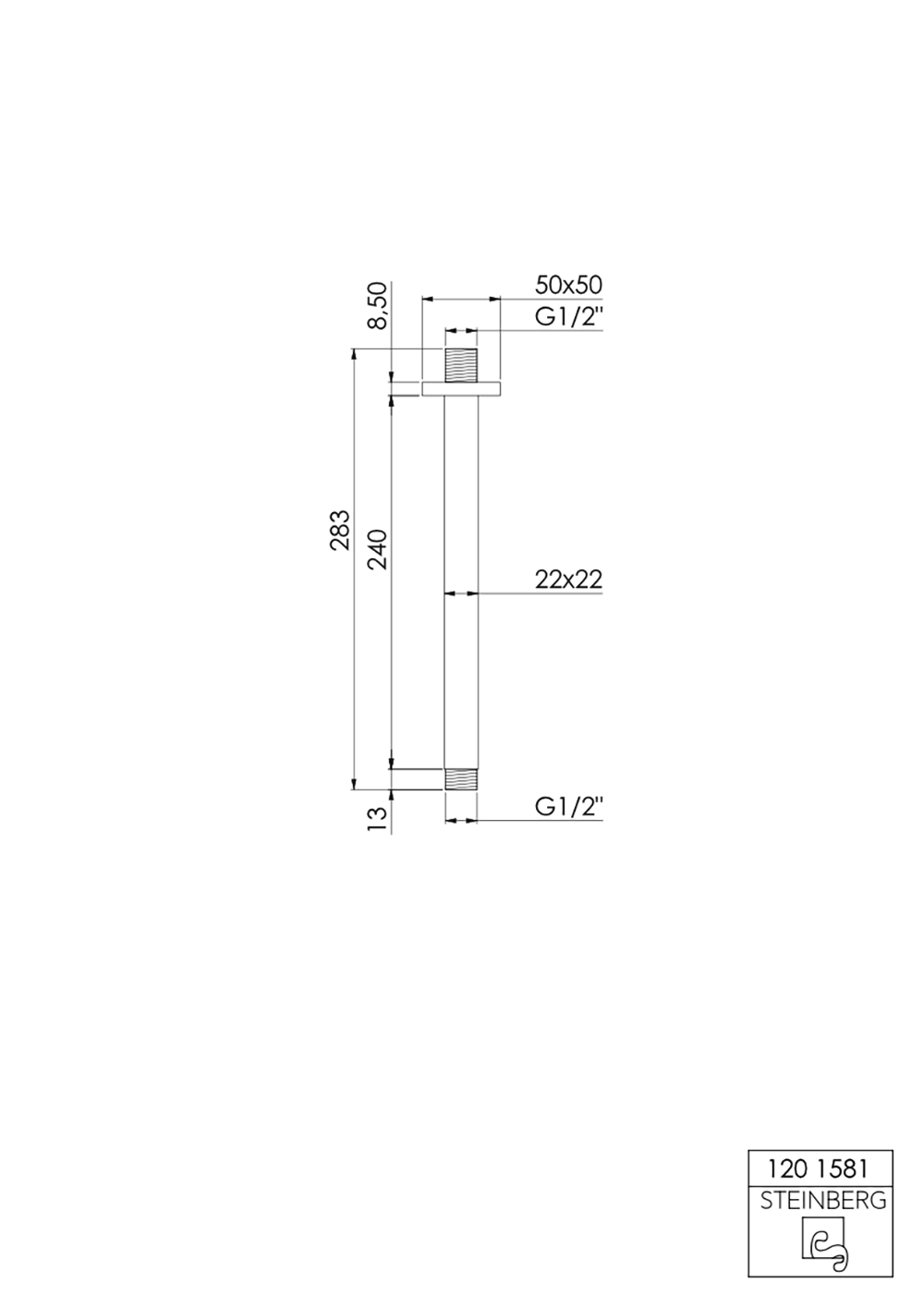 Serie 120 Brausearm 1/2 eckig, Deckenmontage 24 cm Serie 120 Brausearm 1/2 eckig, Deckenmontage 24 cm